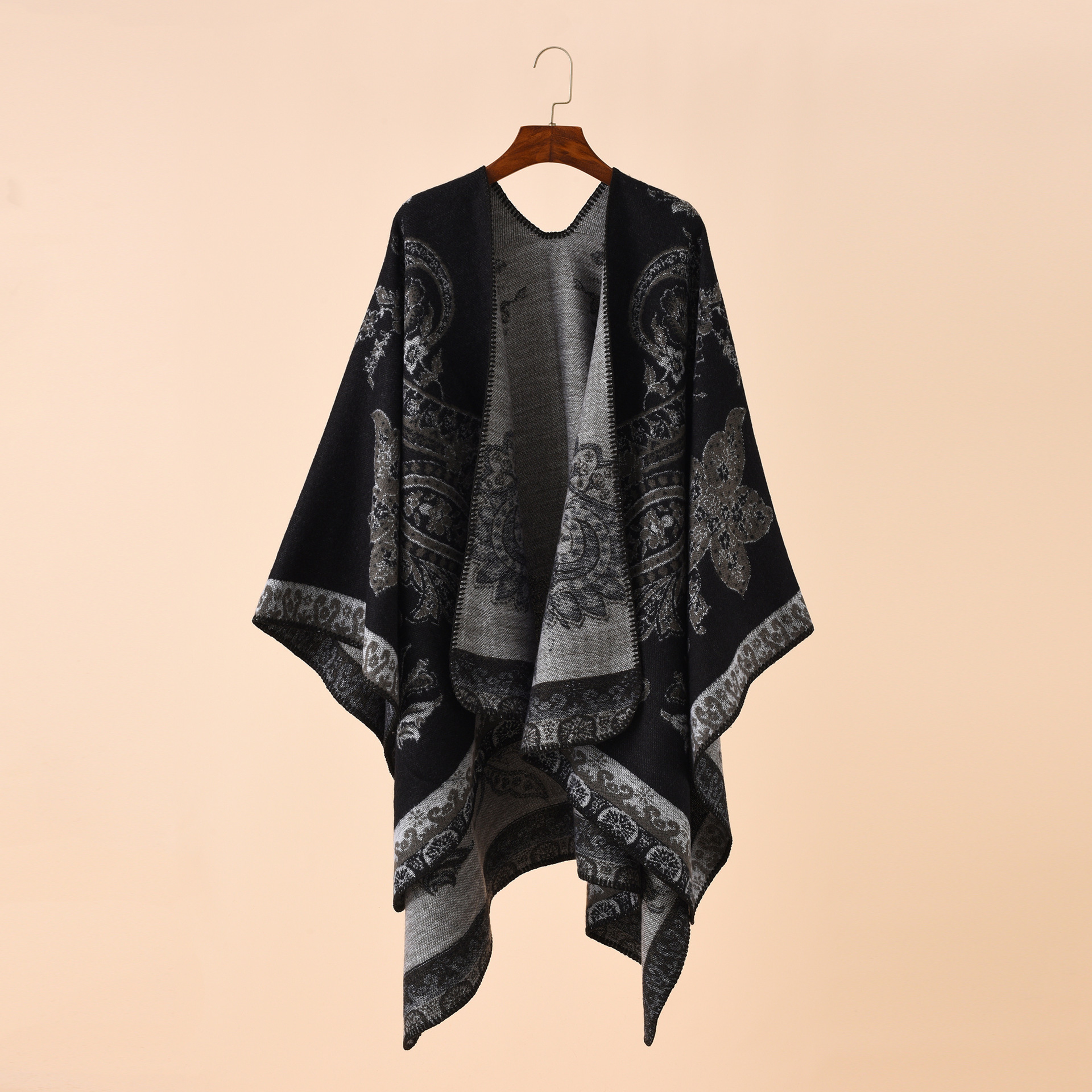 Womens Autumn Winter Geometric Lattice Flower Pattern Imitation Cashmere Shawl Cloak Cape, Warm Stylish Poncho – view 8