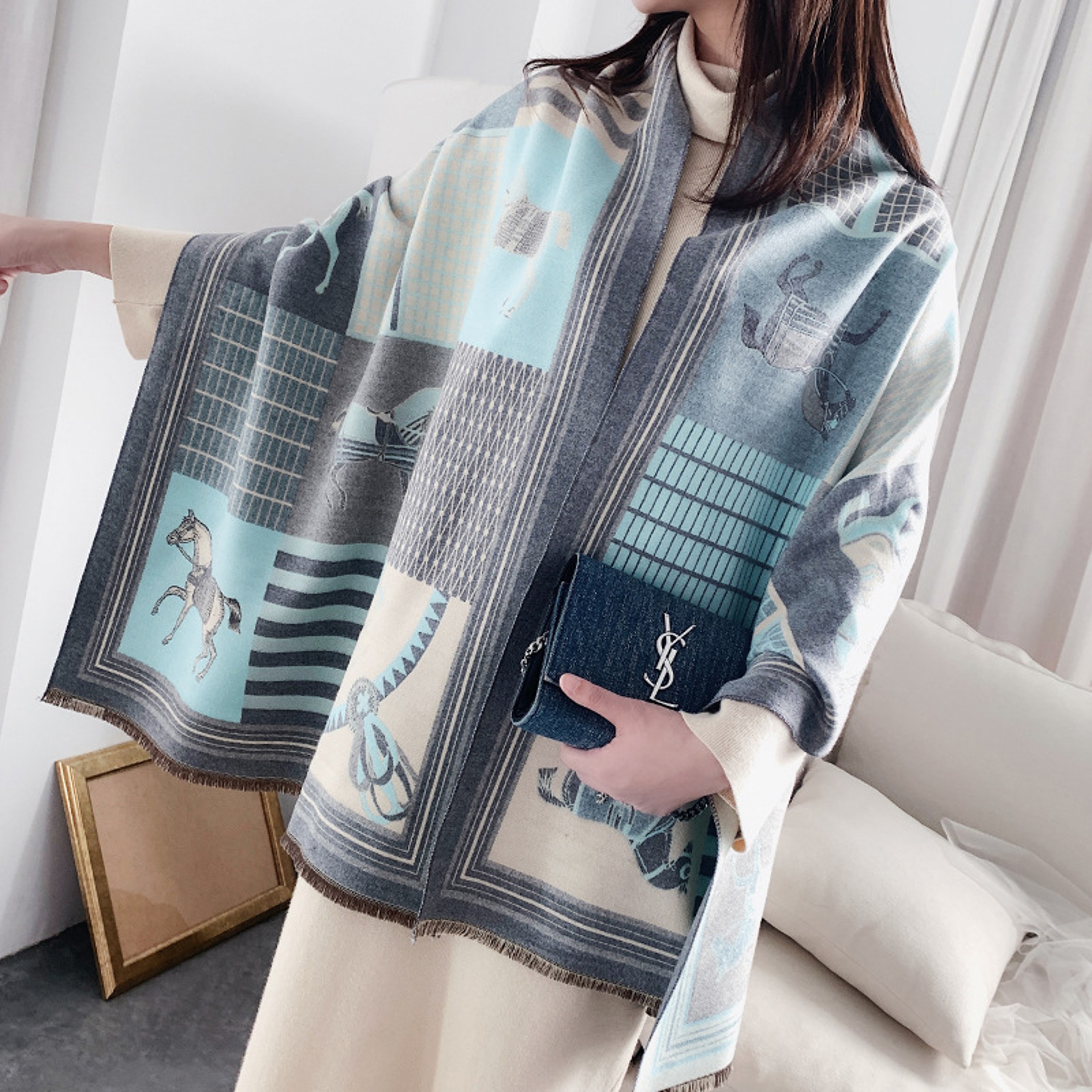 Luxury Horse Print Winter Cashmere Scarf Women Shawl Wrap Scarves Lady Thick Warm Blanket Gift Eleg 5