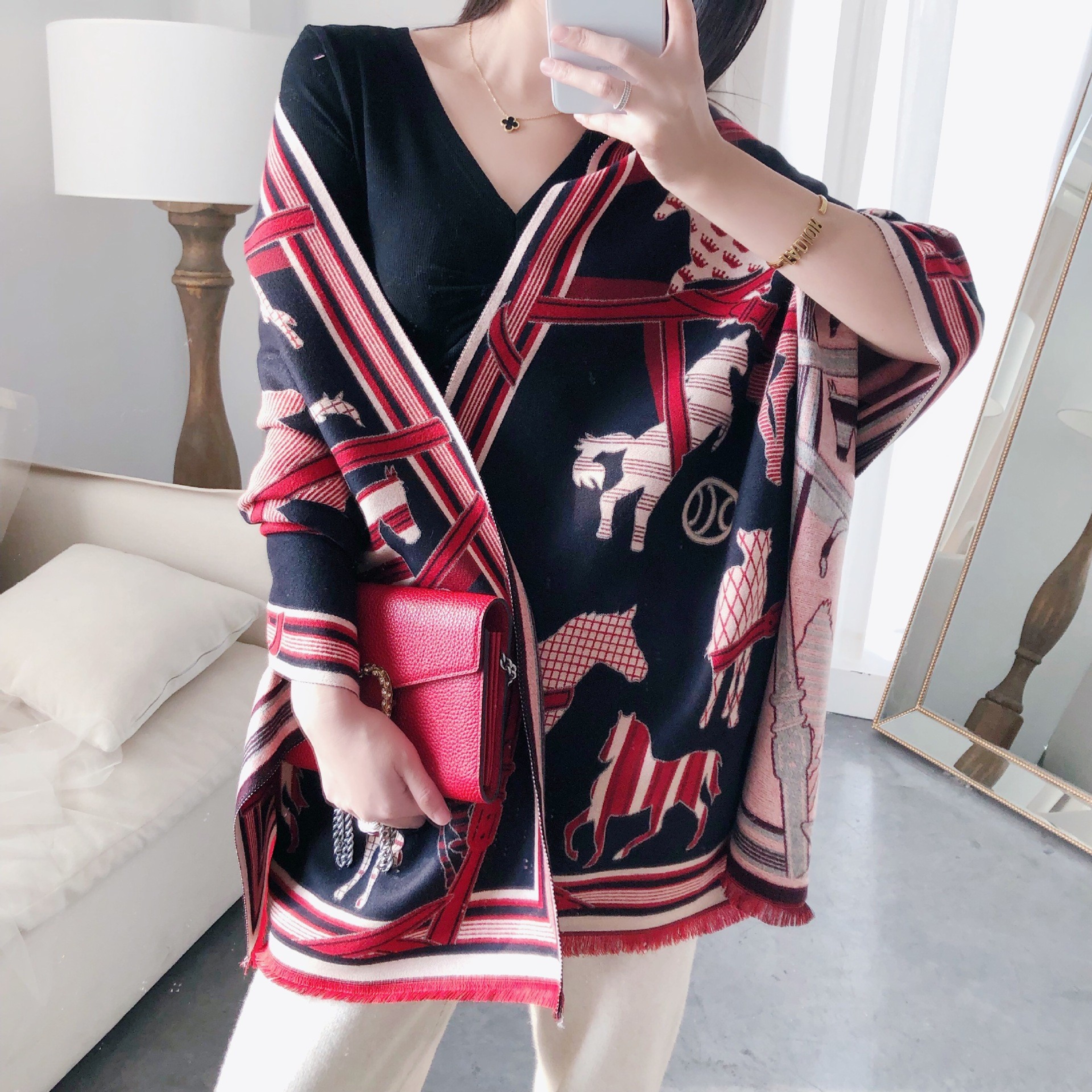 Luxury Horse Print Winter Cashmere Scarf Women Shawl Wrap Scarves Lady Thick Warm Blanket Gift Eleg 21