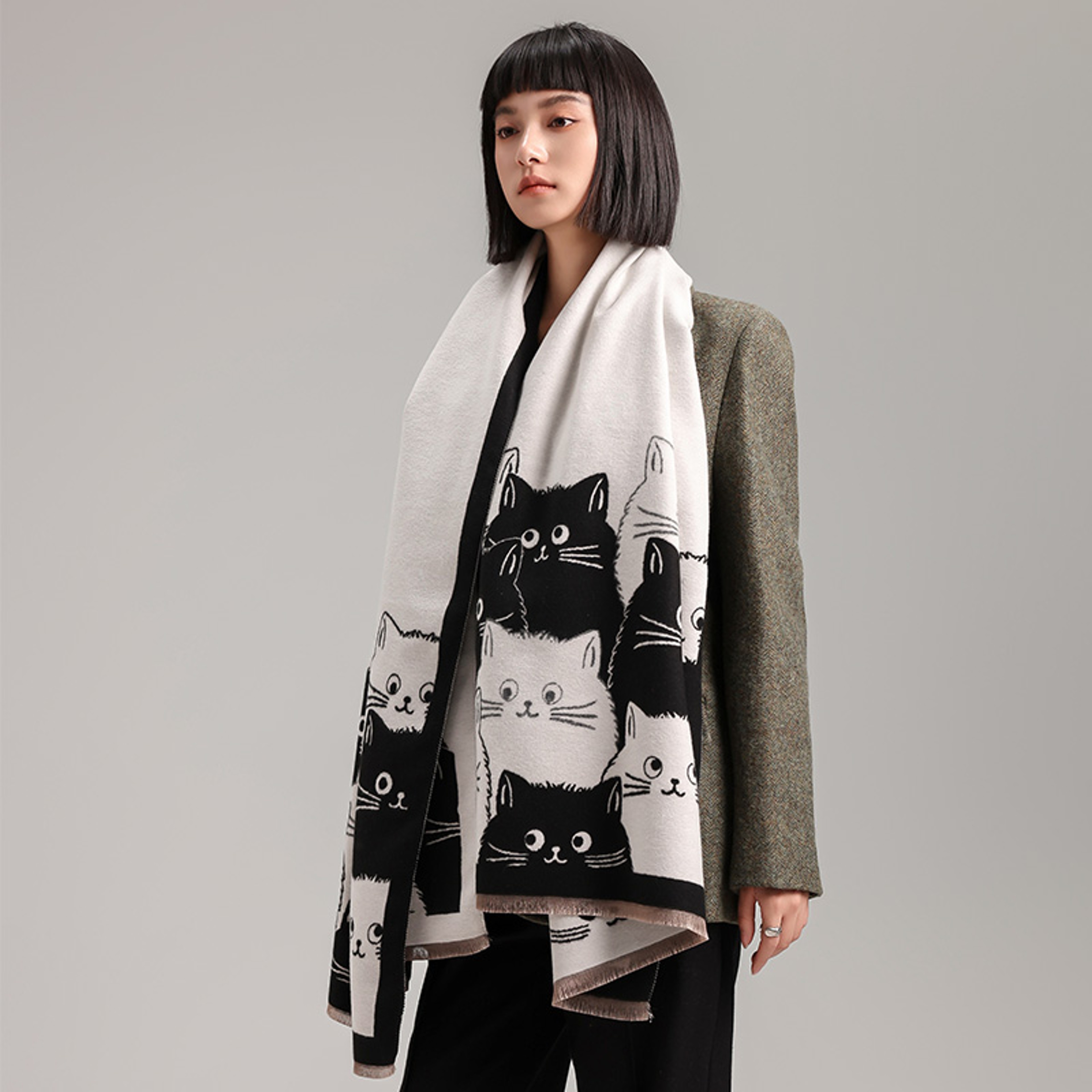 Winter Thick Warm Pashmina Cashmere Scarf for Women, Cute Cat Jacquard Ladies' Shawl, Coldproof Windproof Blanket Wrap – view 1