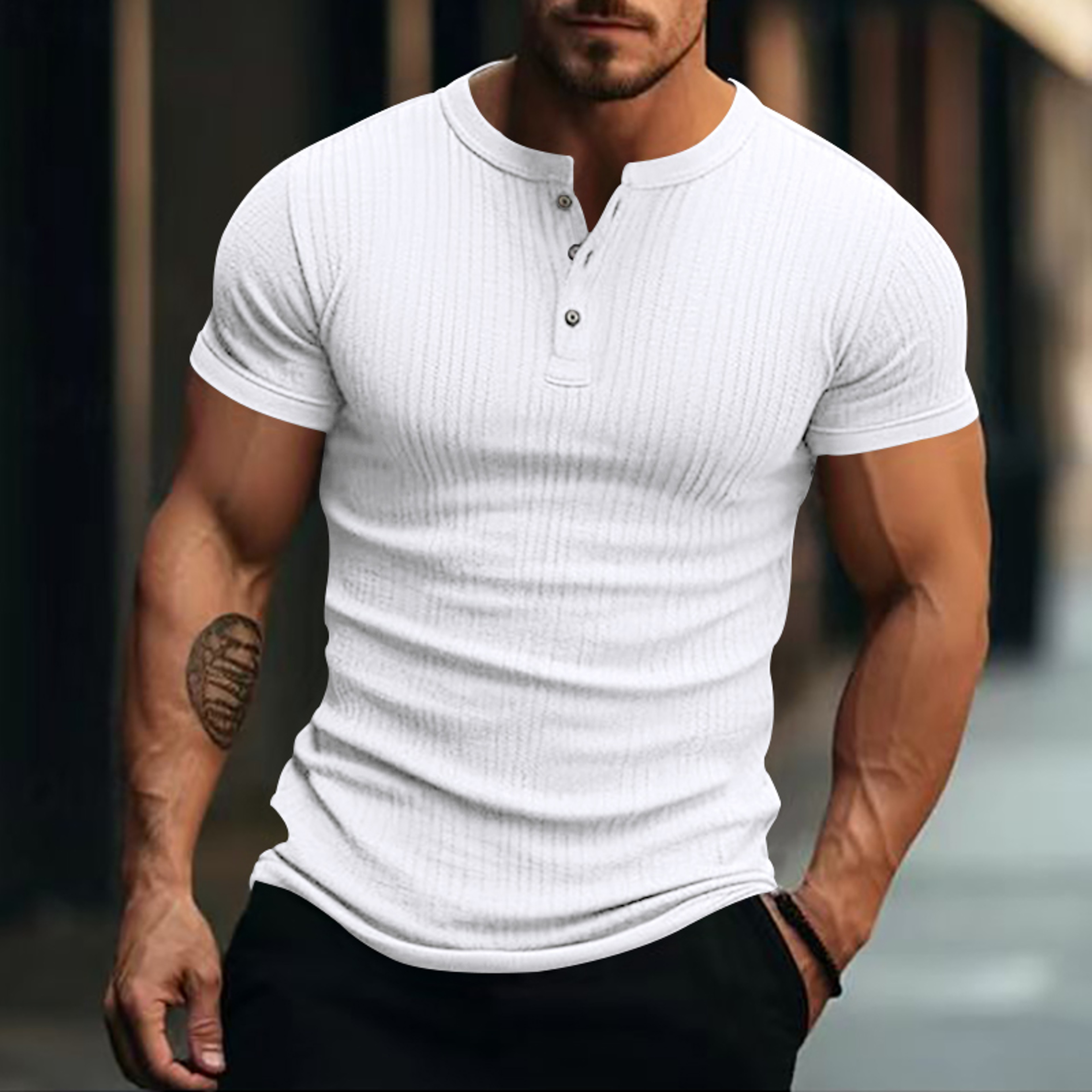 Stripe Knit Mens Stylish Tshirt Henley Neck Fashion Short Sleeve Soft Breathable Casual Top Comfort 0