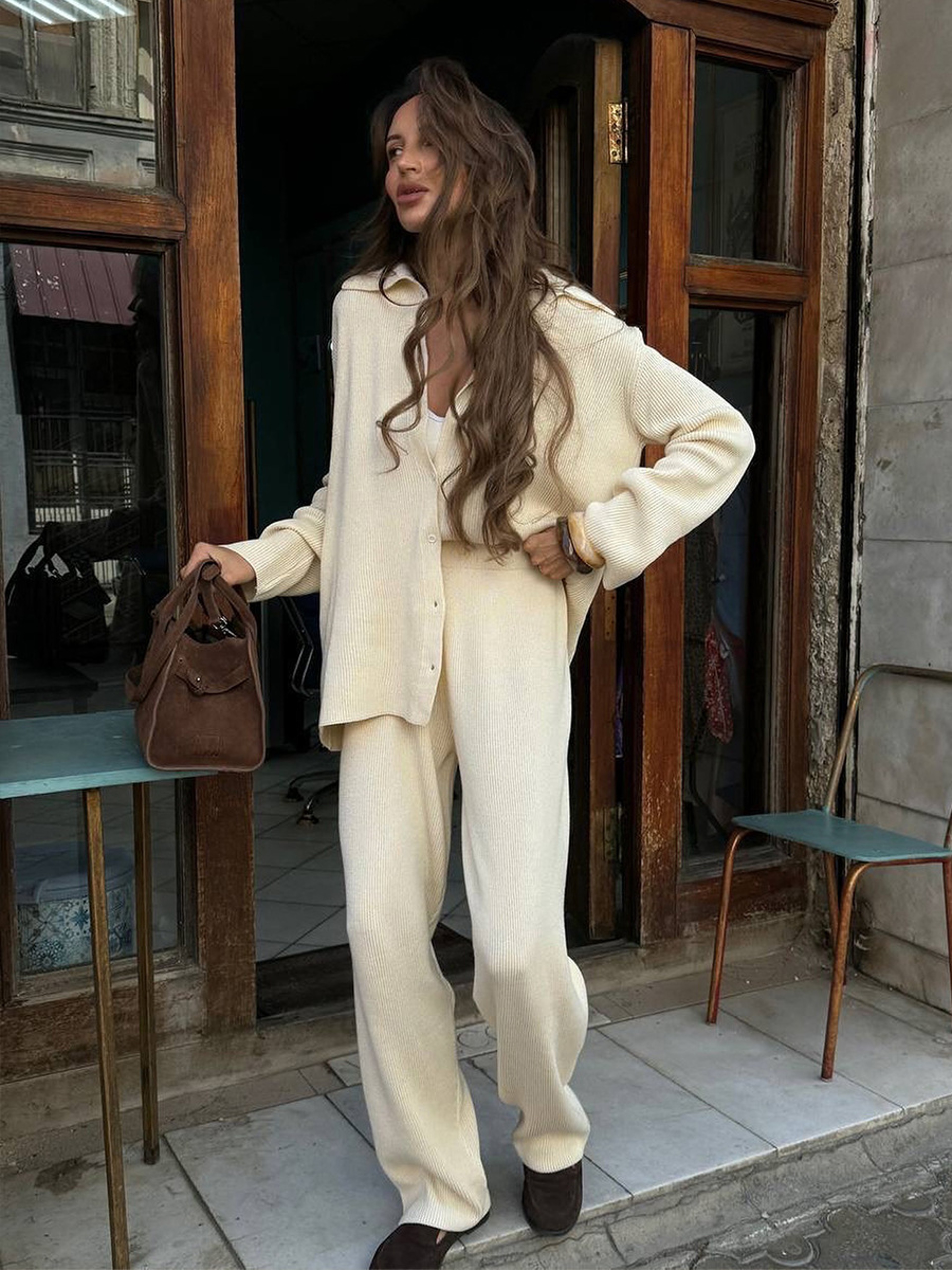 Bornladies Knit Cardigan Pants Set for Autumn Winter, Womens Two Piece Casual Sweater Suit, Warm Soft Thick Knitted Out – view 2
