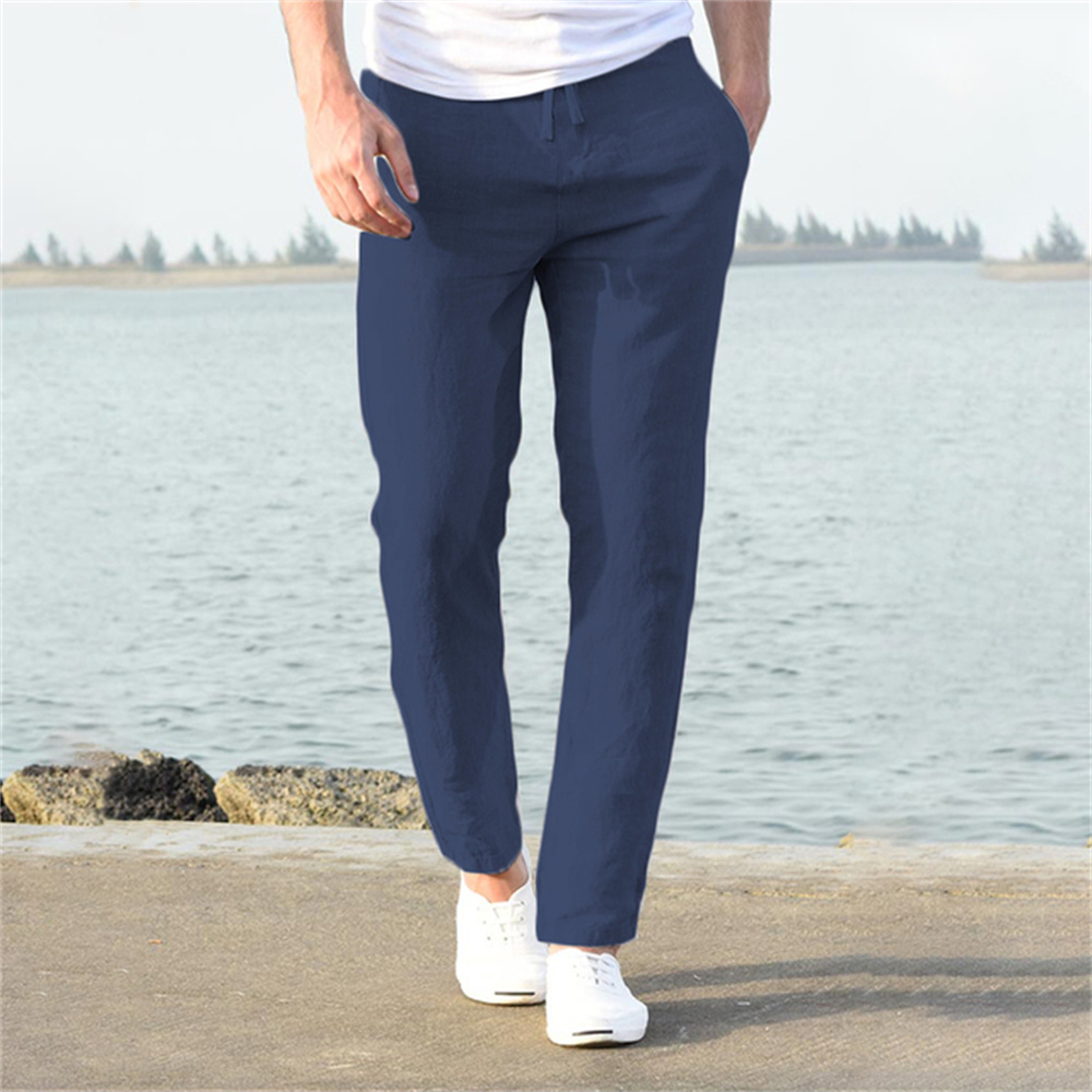 Mens Cotton Linen Pants for Autumn, Solid Color Breathable Linen Trousers, Streetwear Fitness Male Pants – view 6