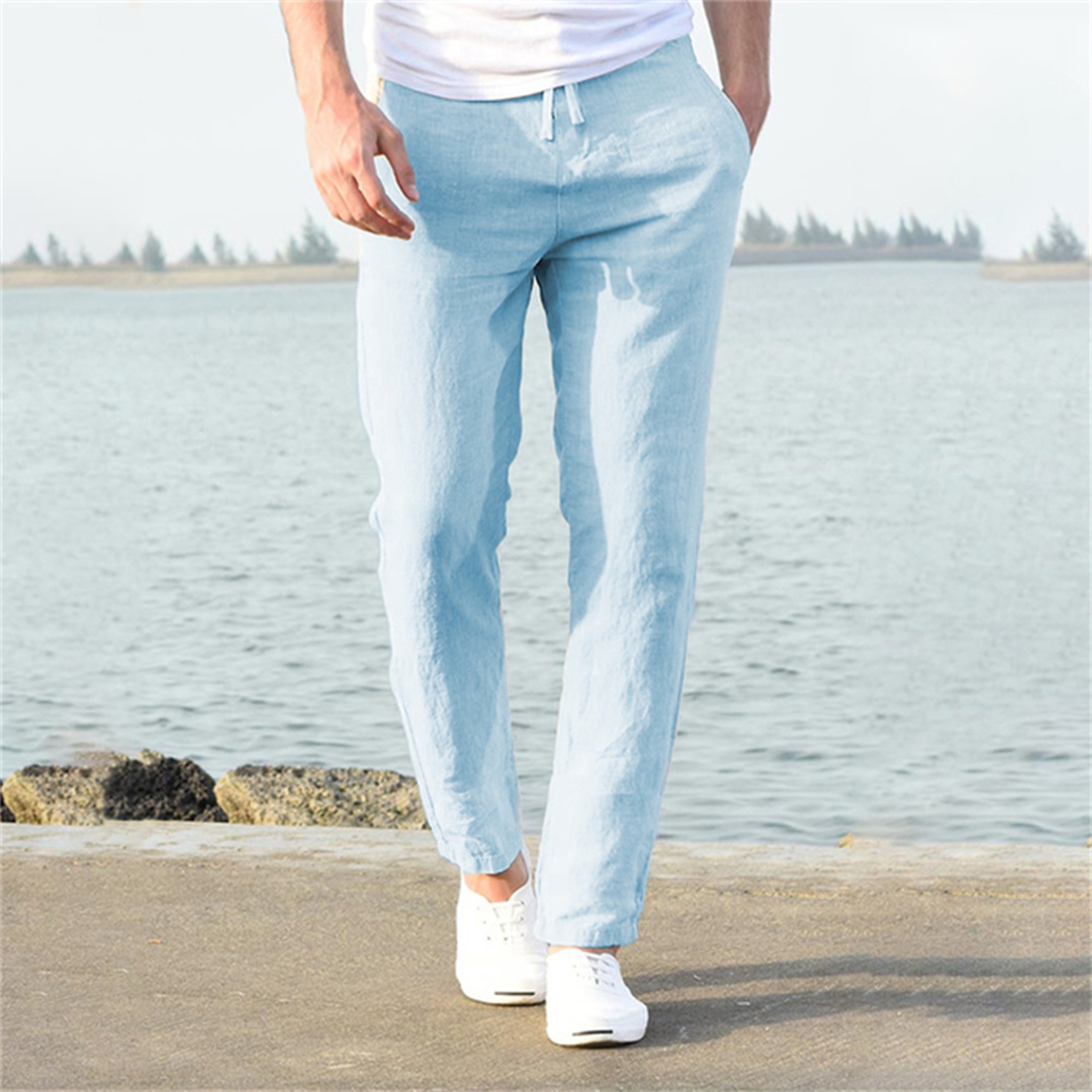 Mens Cotton Linen Pants for Autumn, Solid Color Breathable Linen Trousers, Streetwear Fitness Male Pants – view 11