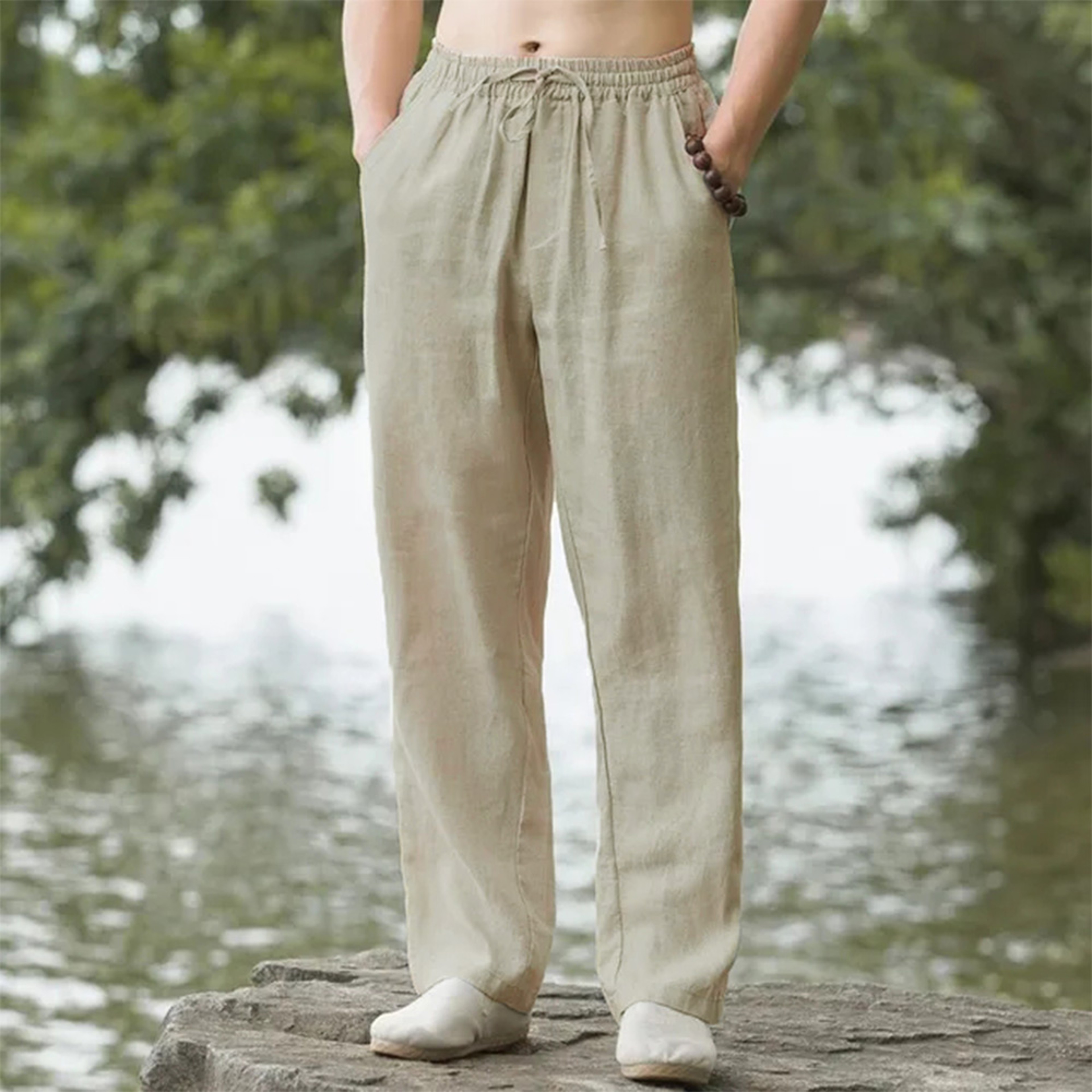 Cotton Linen Mens Beach Pants Joggers Streetwear Casual Sweatpants Loose Fit Summer Long Hawaiian Vacation Trousers – view 1