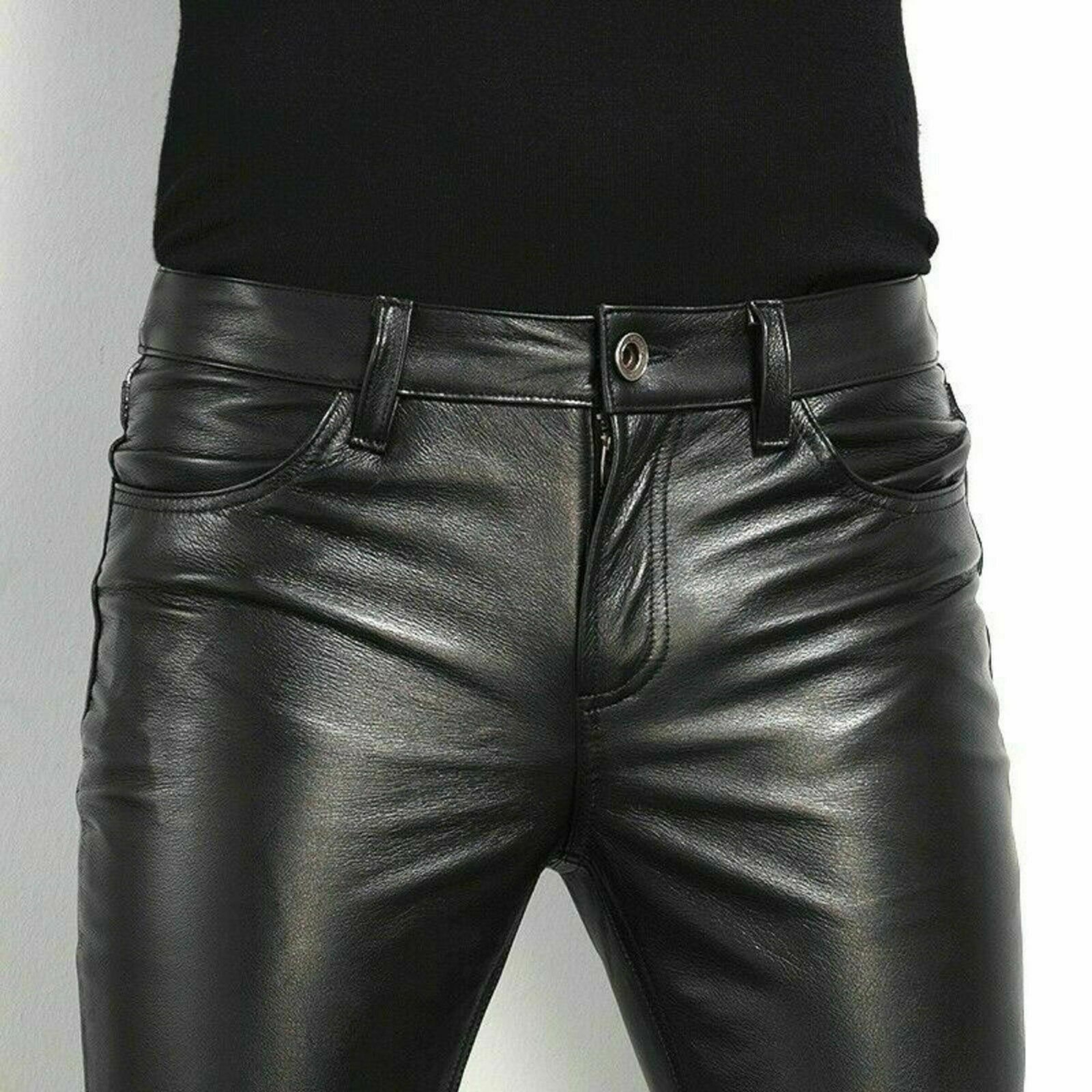 Mens Faux Leather Skinny Motorcycle Pants Rock Style PU Leather Dance Pants Slim Fit Night Club Fas 5