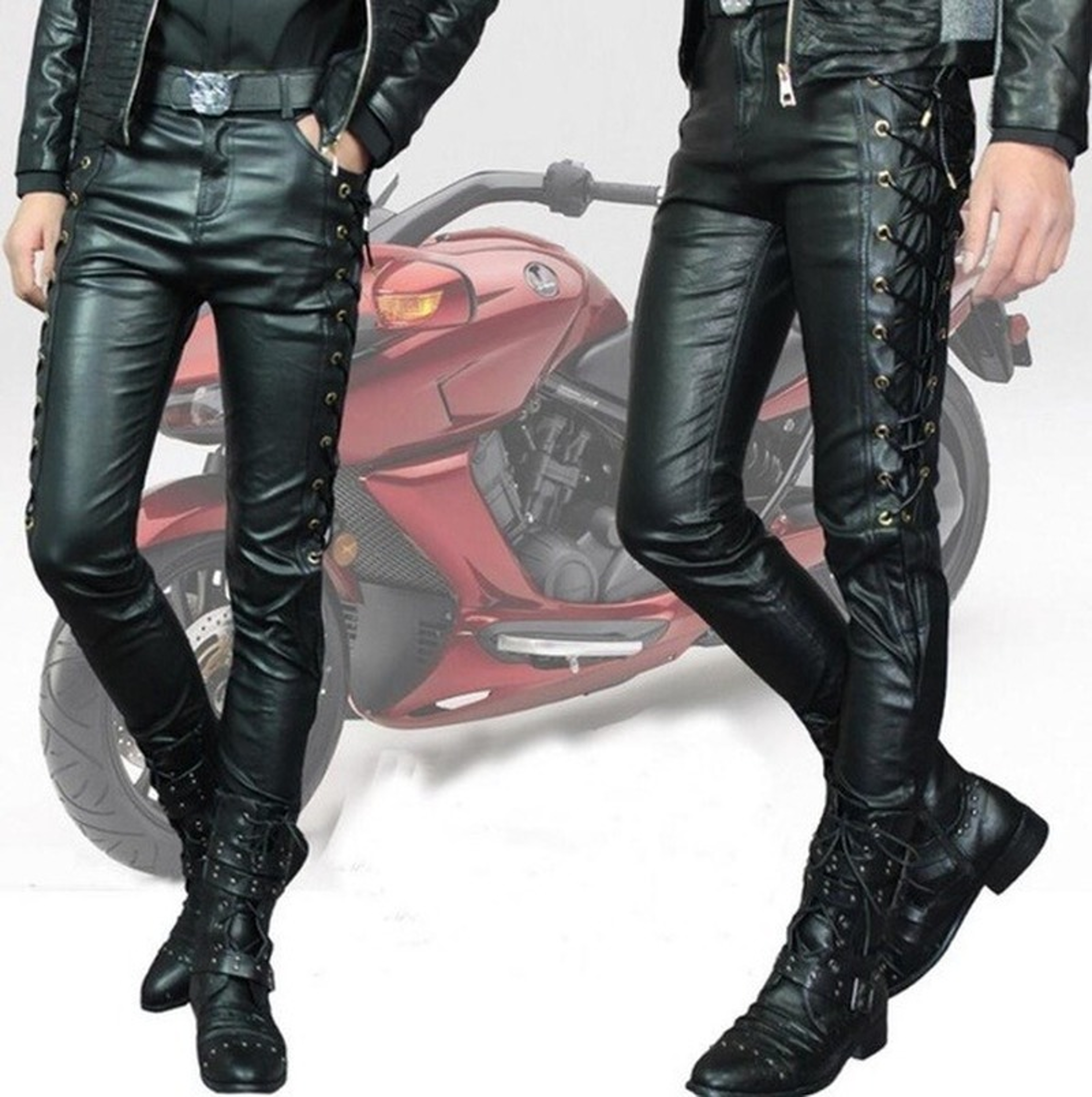 Leather Motorcycle Pants For Men Thick Long Trousers With Side Lace Up Jeans Style Durable Biker Le 0