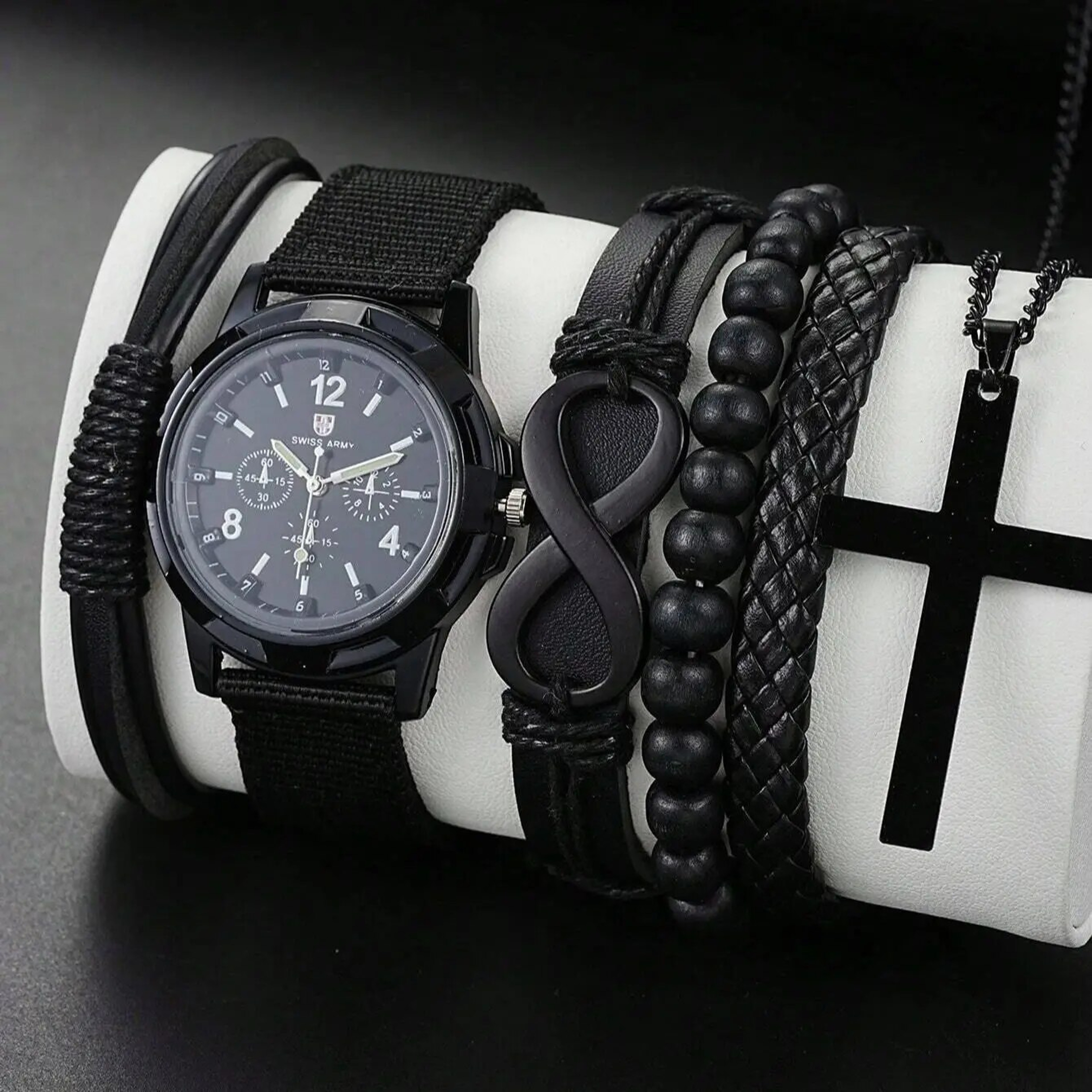 Luxury Men's Jewelry Gift Set with Skeleton Mechanical Watch, PU Leather Bracelet & Cross Necklaces – view 2