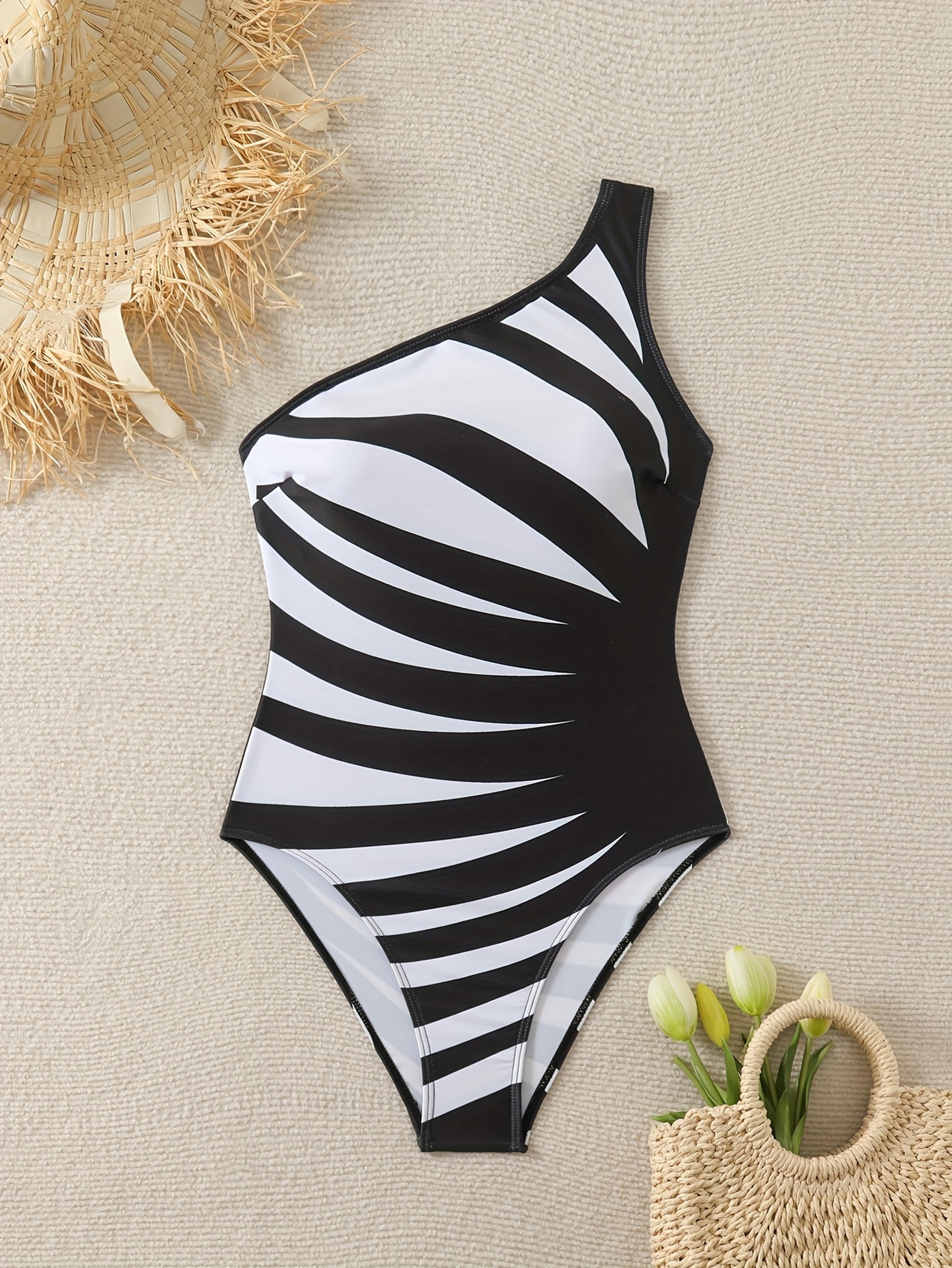 Classic Noir One Shoulder Striped One Piece Swimsuit – view 5