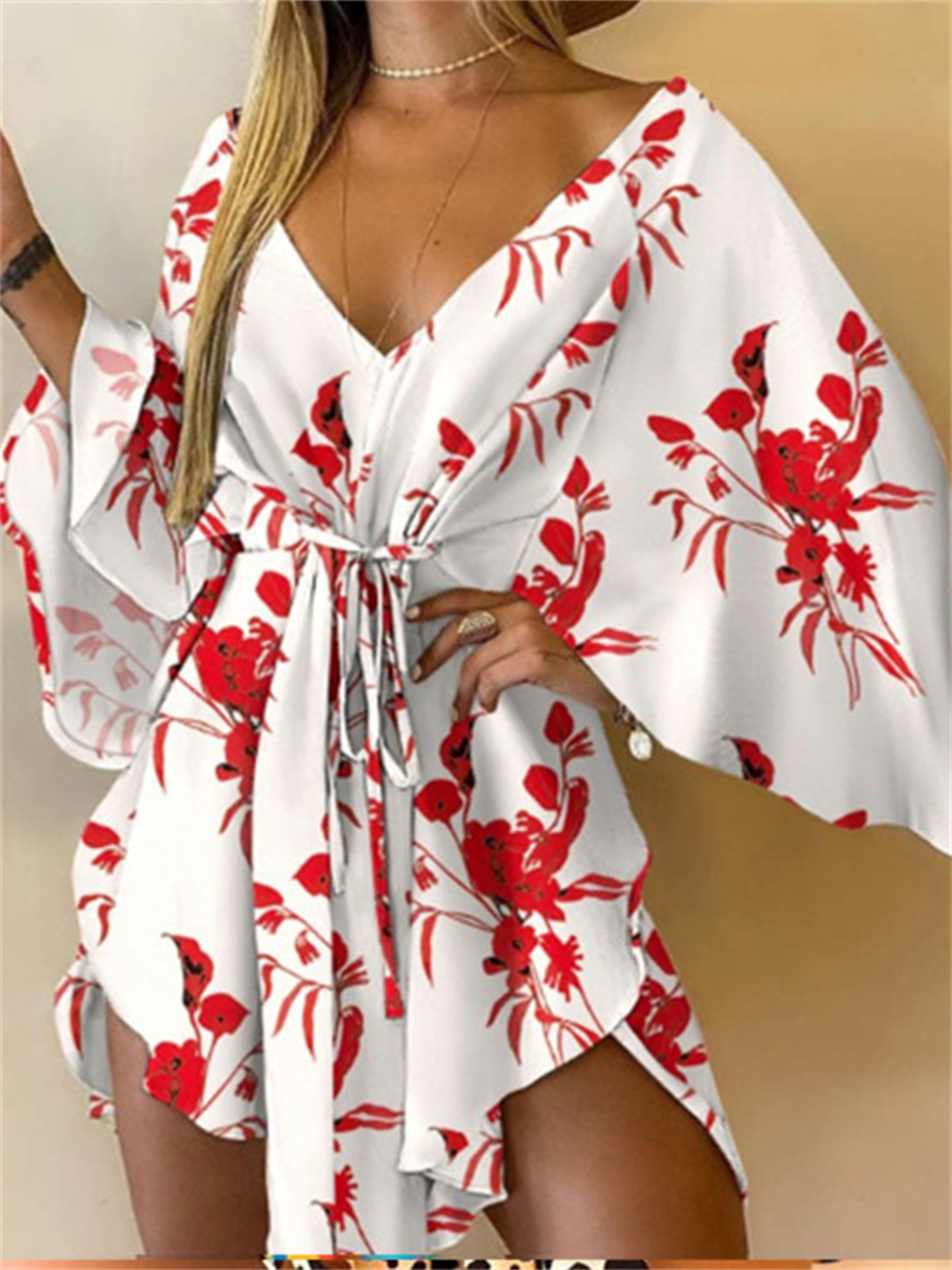 Bohemian Floral V-Neck Mini Dress for Summer Vacation – view 4
