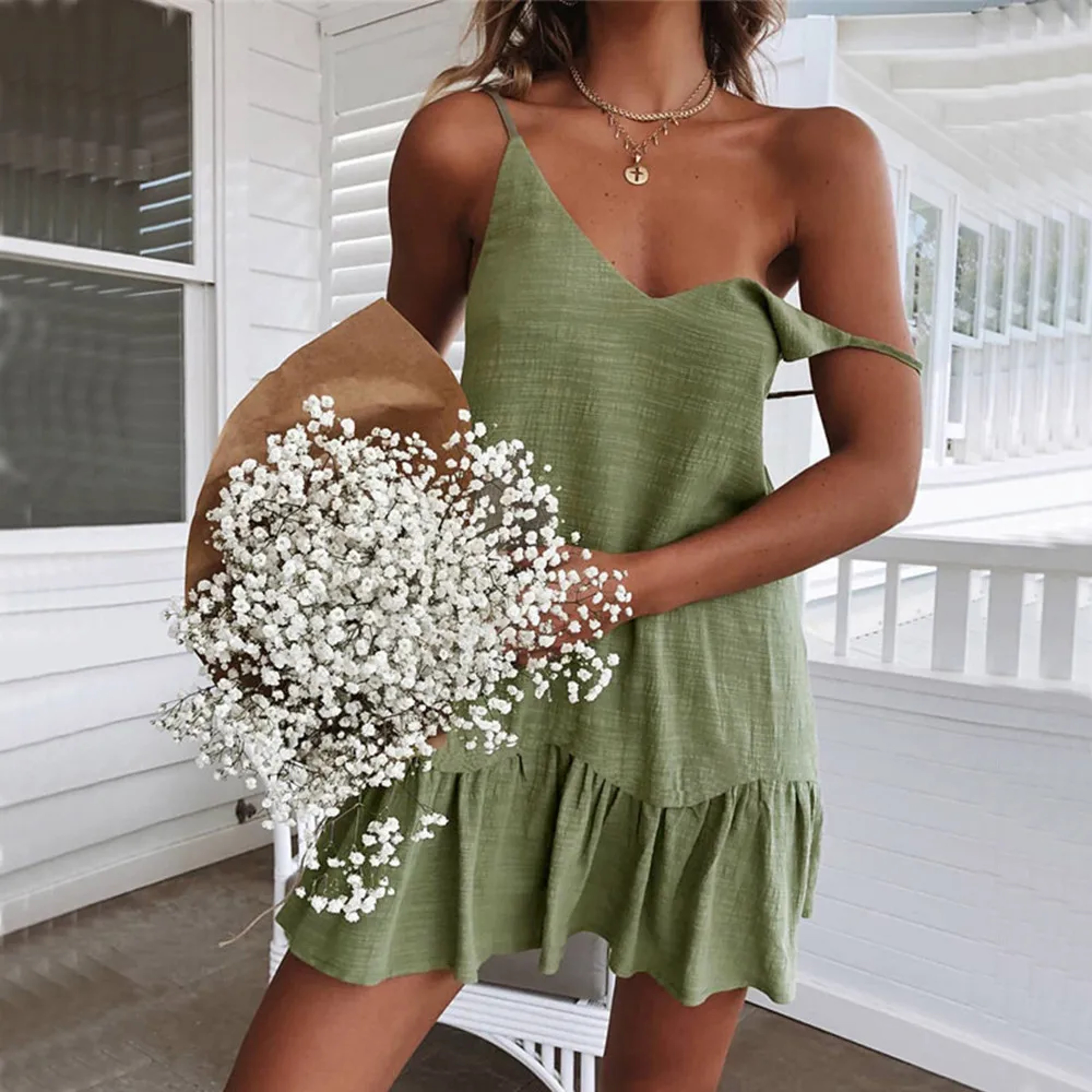 Cotton Linen Mini Dress With Ruffles And Spaghetti Straps For Effortless Summer Style 1