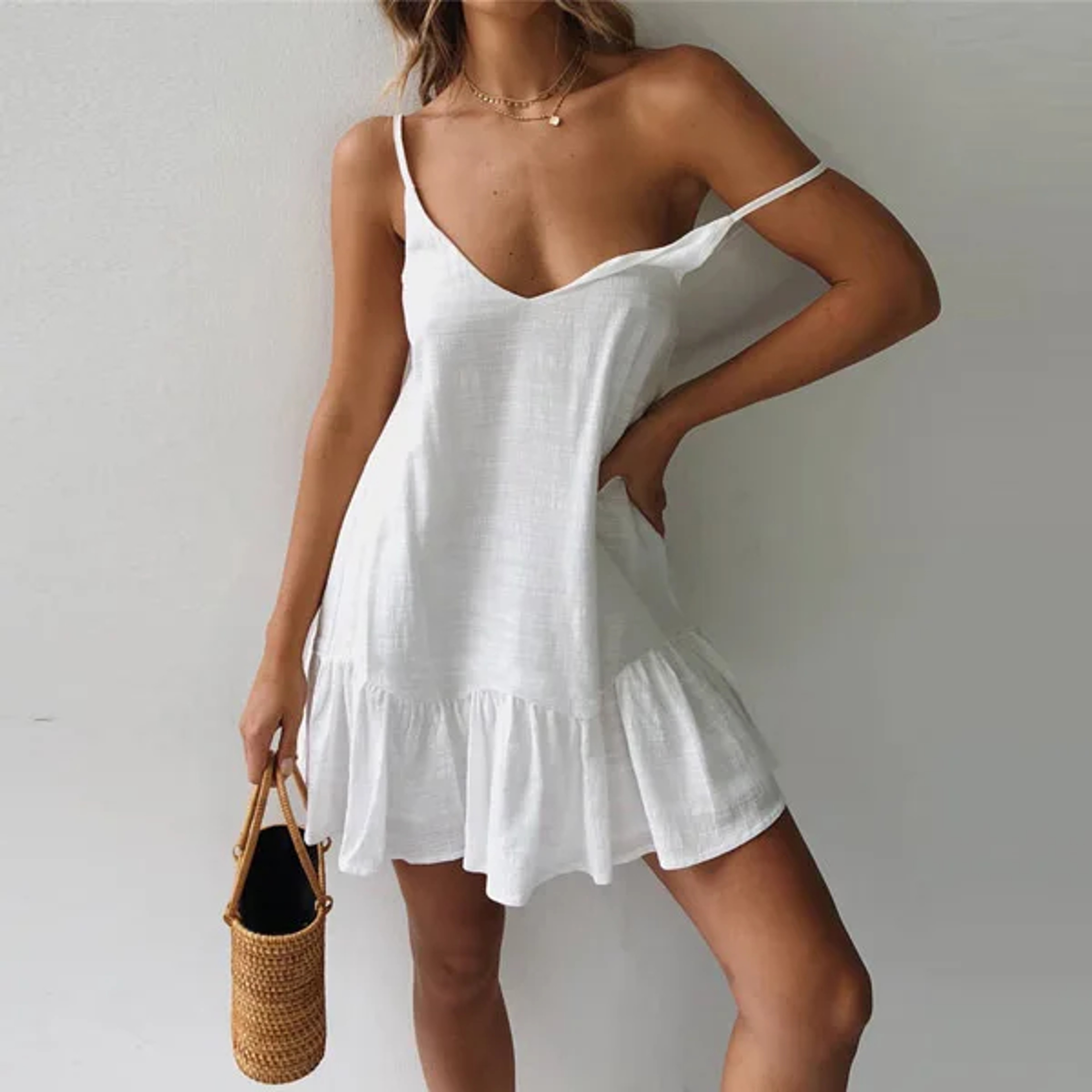 Cotton Linen Mini Dress With Ruffles And Spaghetti Straps For Effortless Summer Style 6