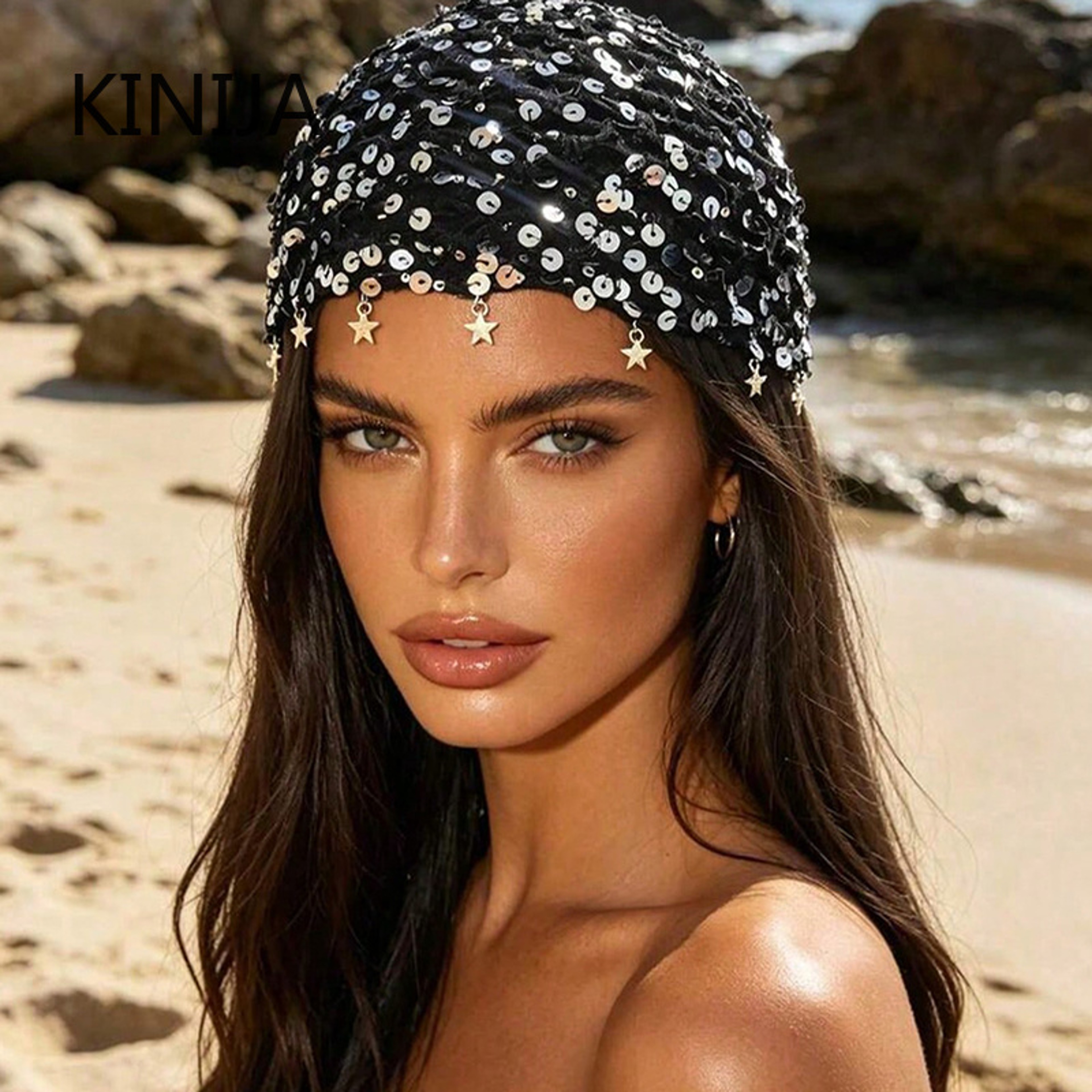 Bohemian Sequin Knit Headscarf Beanie Hat – view 2