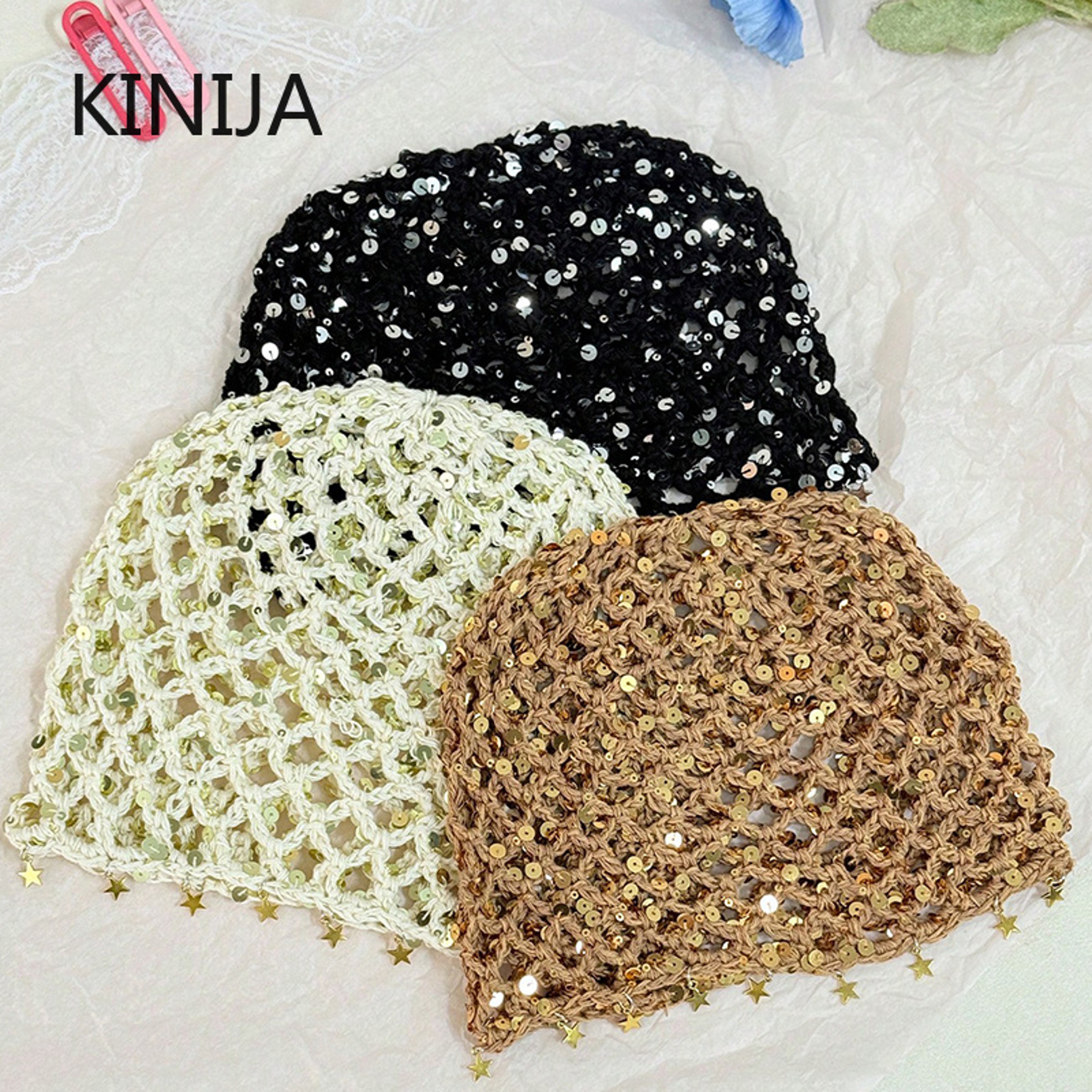 Bohemian Sequin Knit Headscarf Beanie Hat – view 5