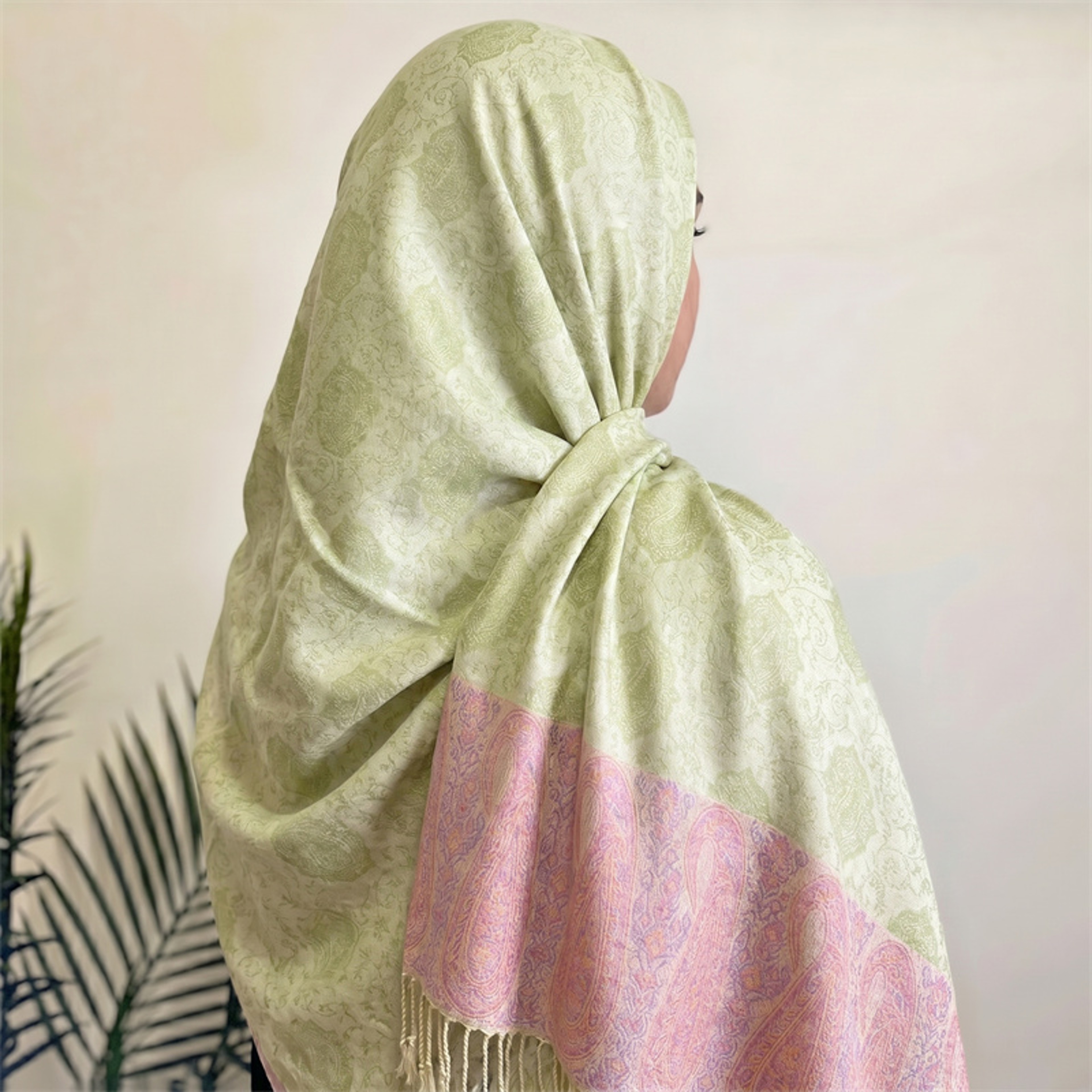 Dual Tone Paisley Jacquard Scarf Mint and Pink Tassel Shawl Wrap – view 2