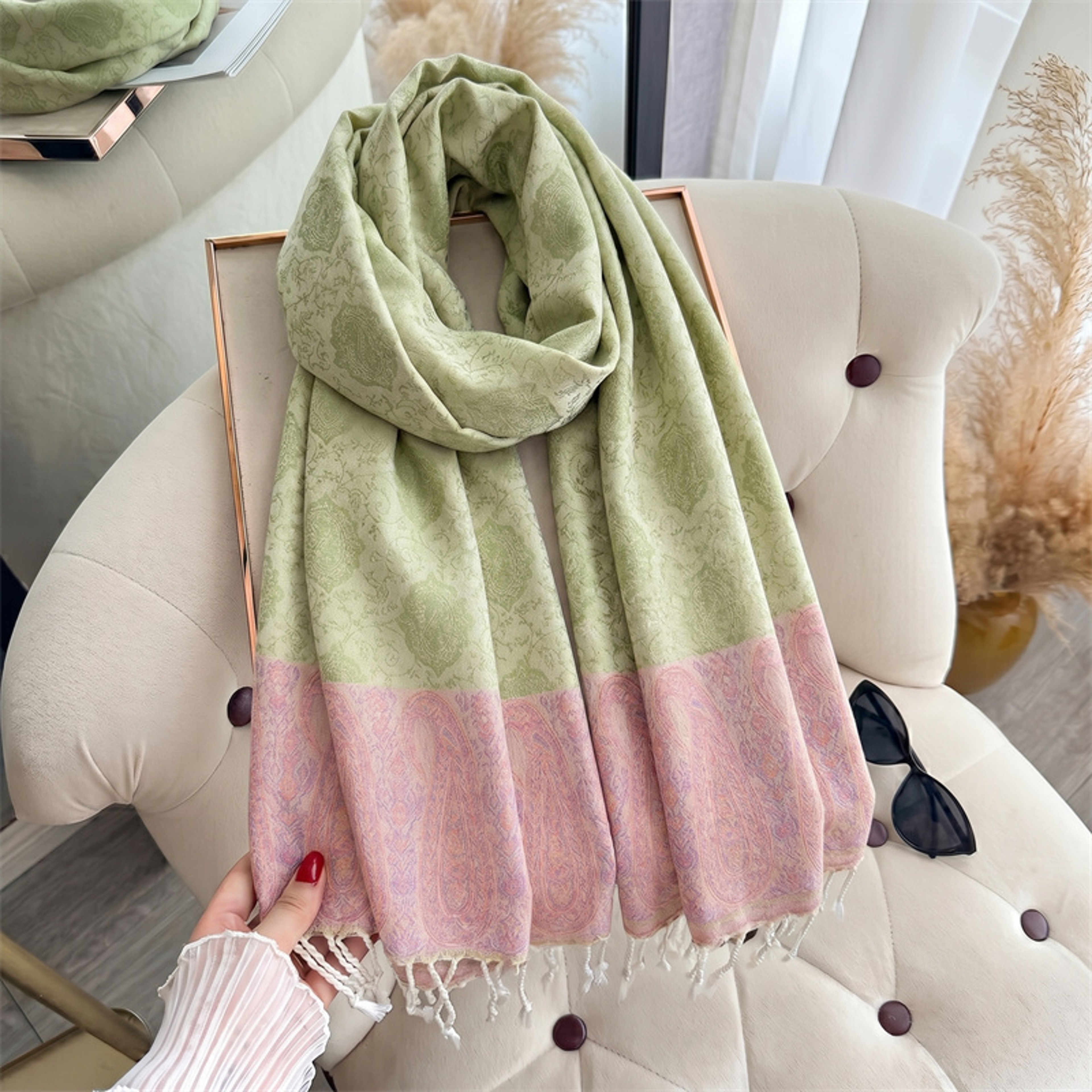 Dual Tone Paisley Jacquard Scarf Mint and Pink Tassel Shawl Wrap – view 4