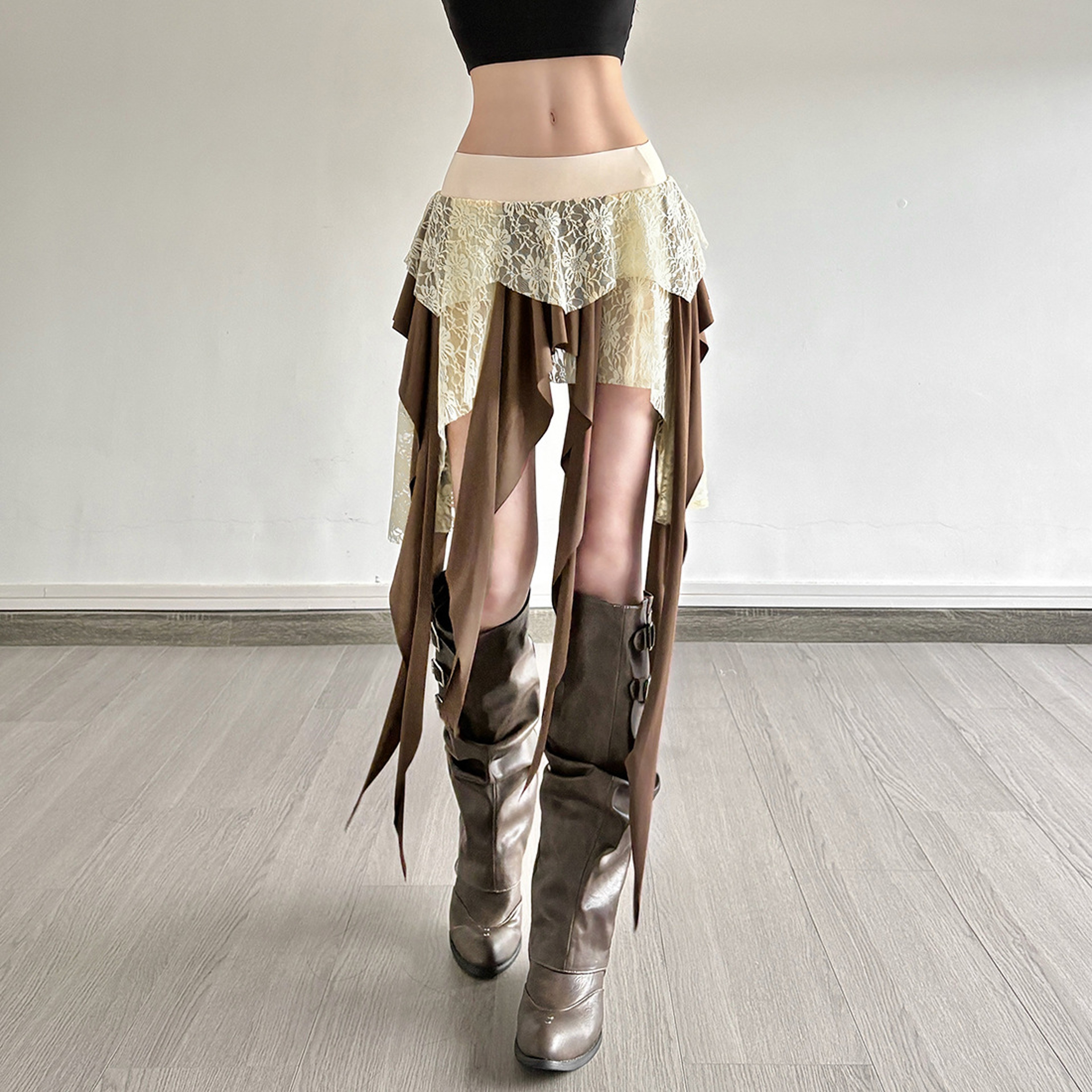 Lace Fringe Mini Skirt Vintage Grunge Aesthetic Short Skirt 0