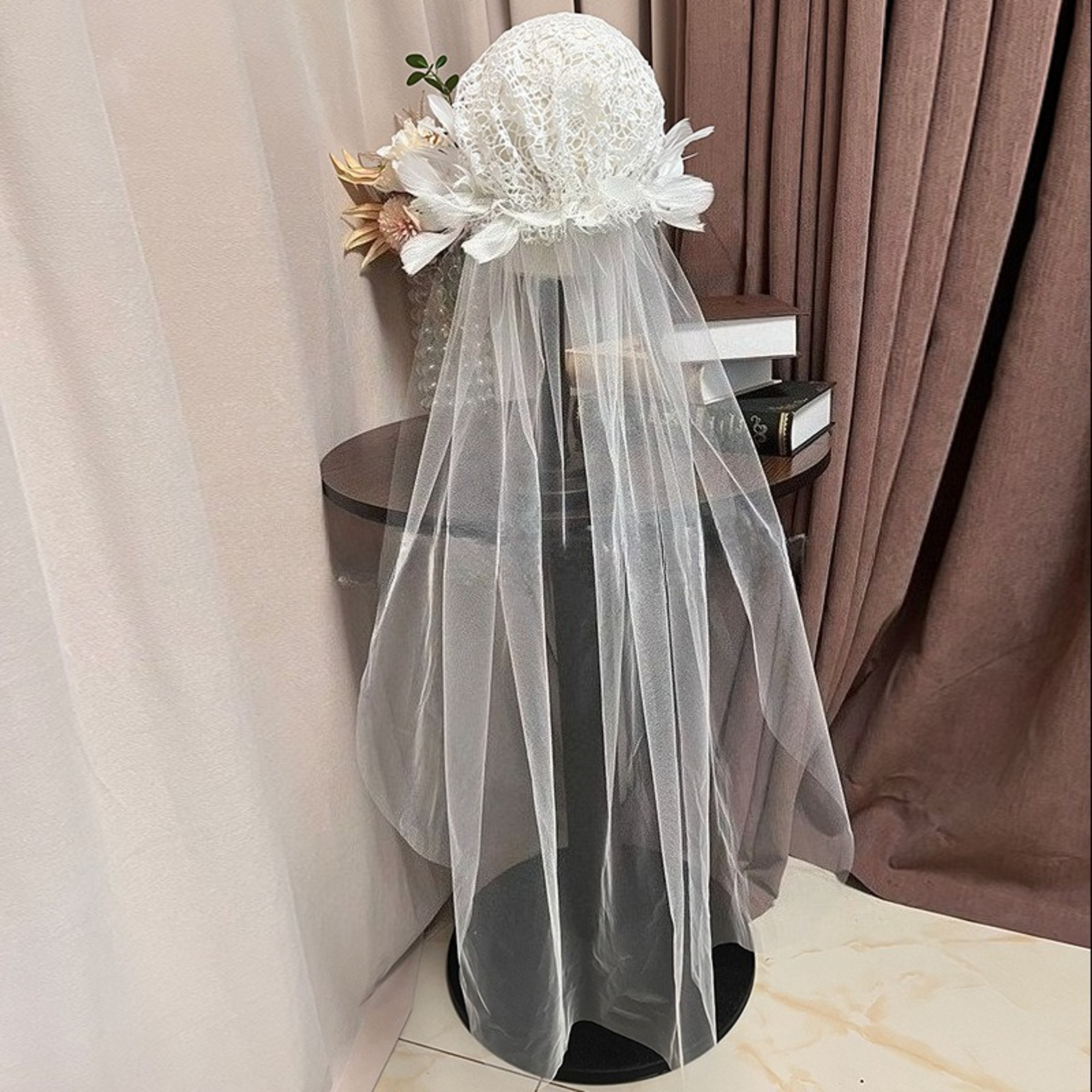 Ethereal bridal fairy veil with Feather Accents and Romantic wedding hair wear – view 5