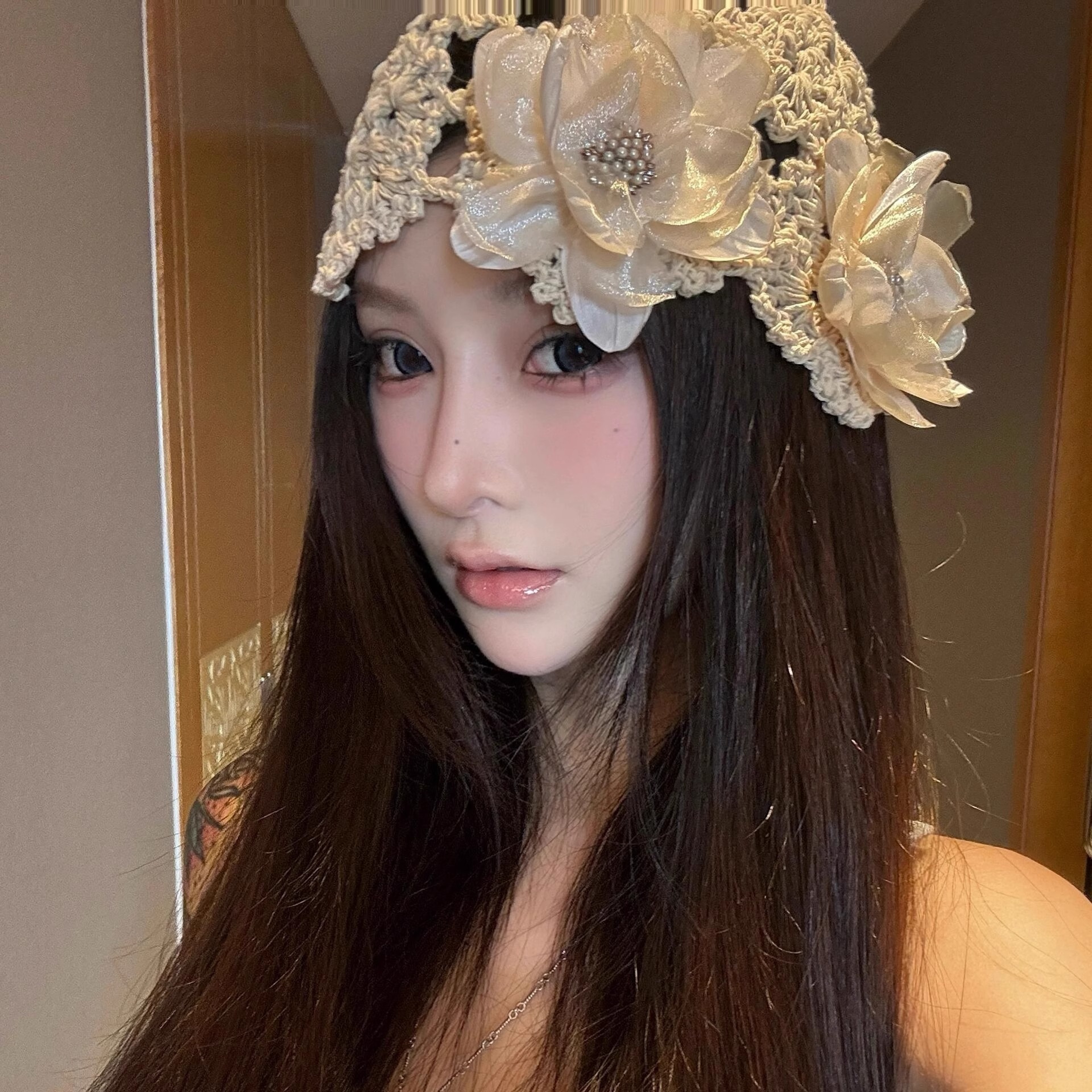 Korean Pearl Flower Knitted Bucket Hat – view 2