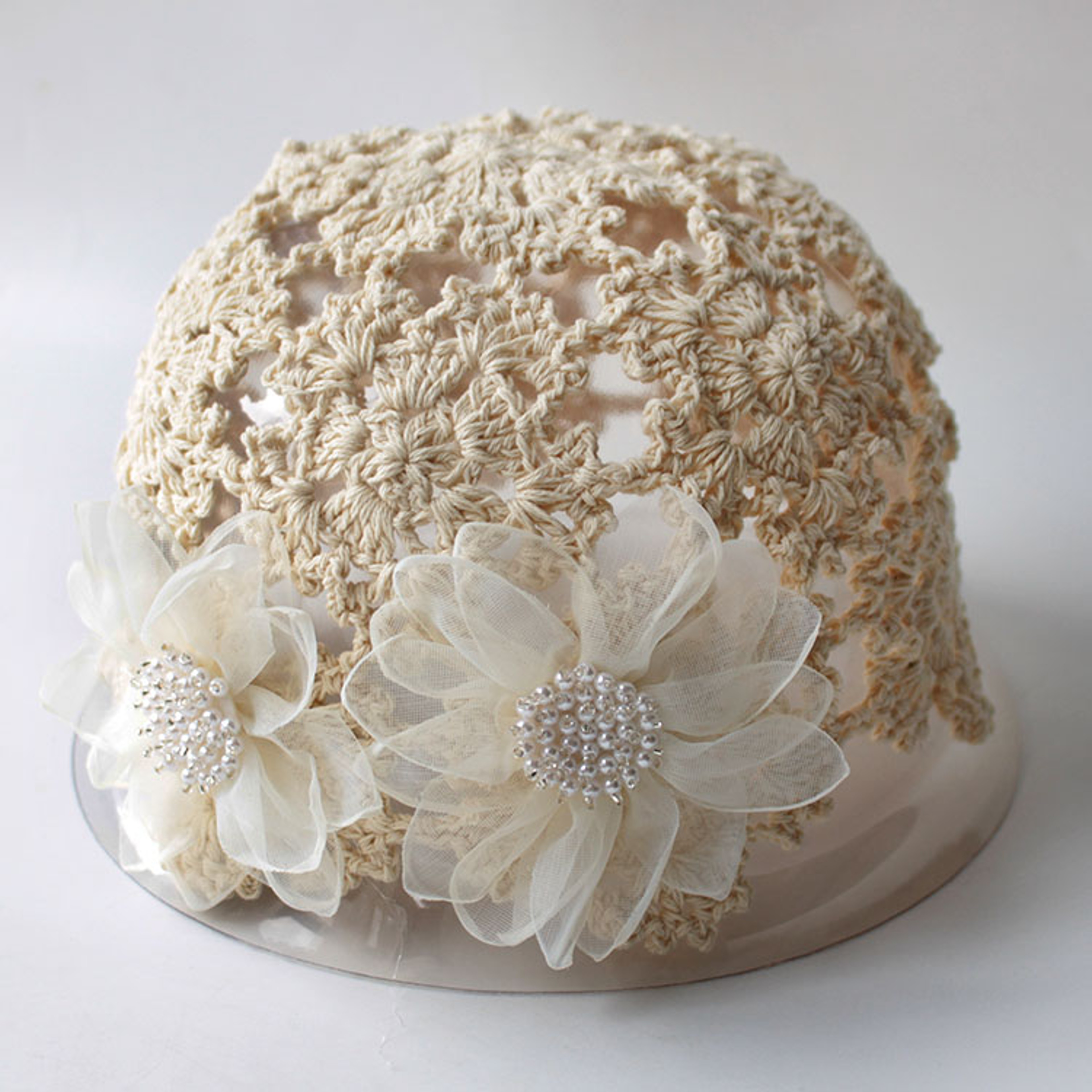 Sweet Flower Hollow Knitted Baotou Hat with Pearl Accent – view 6