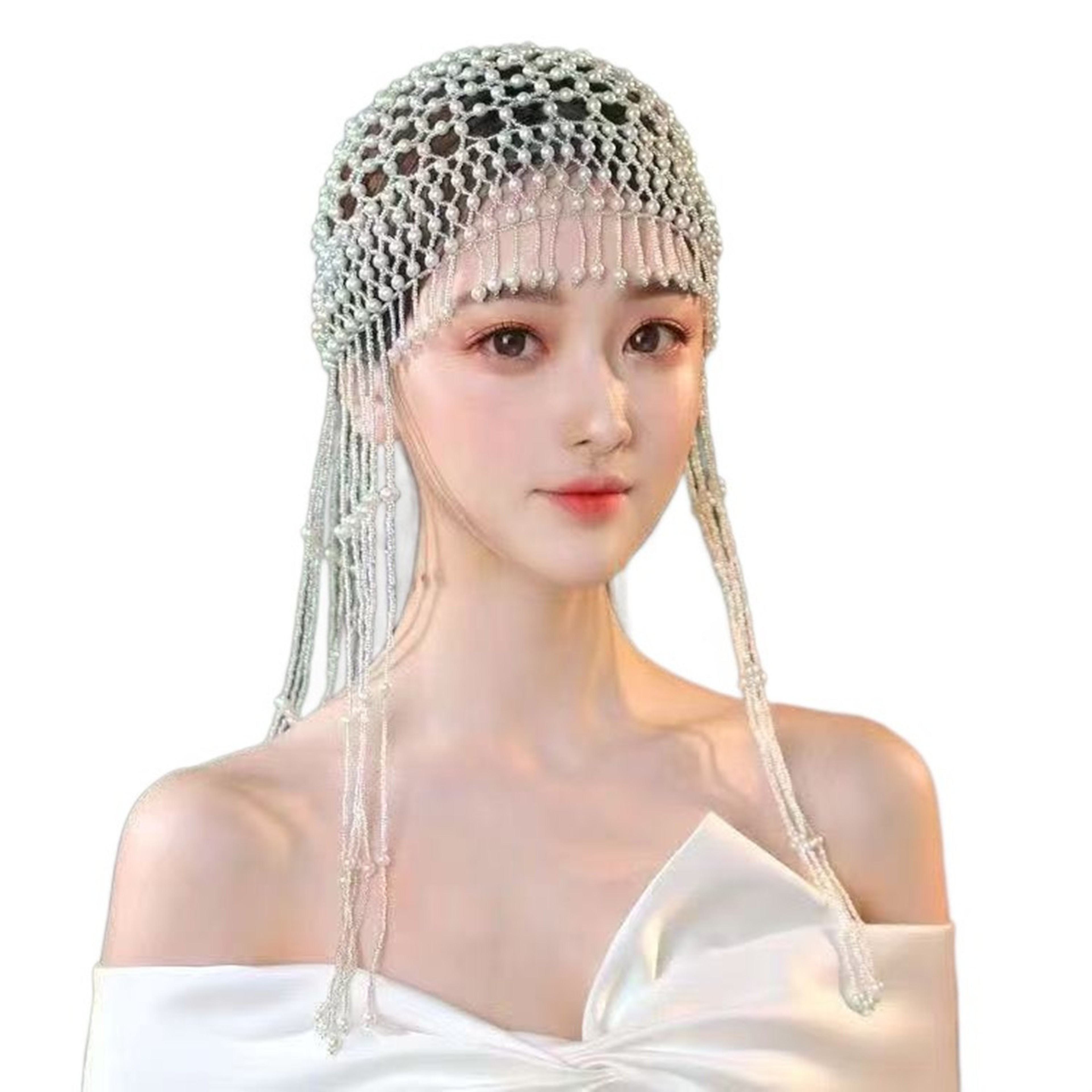 Silver Rhinestone Tassel Cap And Pearl Beaded Hat For Women 3