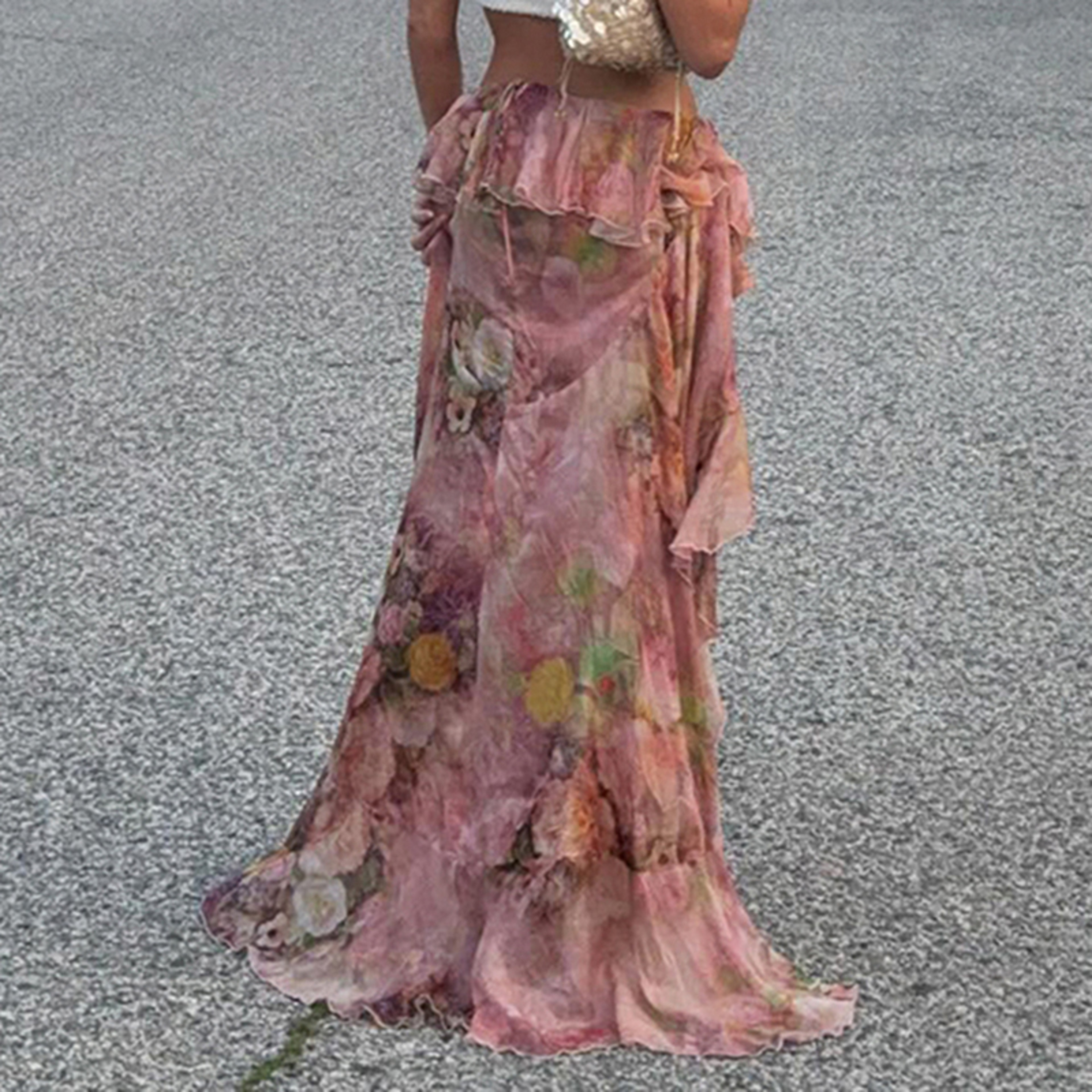 Floral Print Low Waist Long Skirt 1