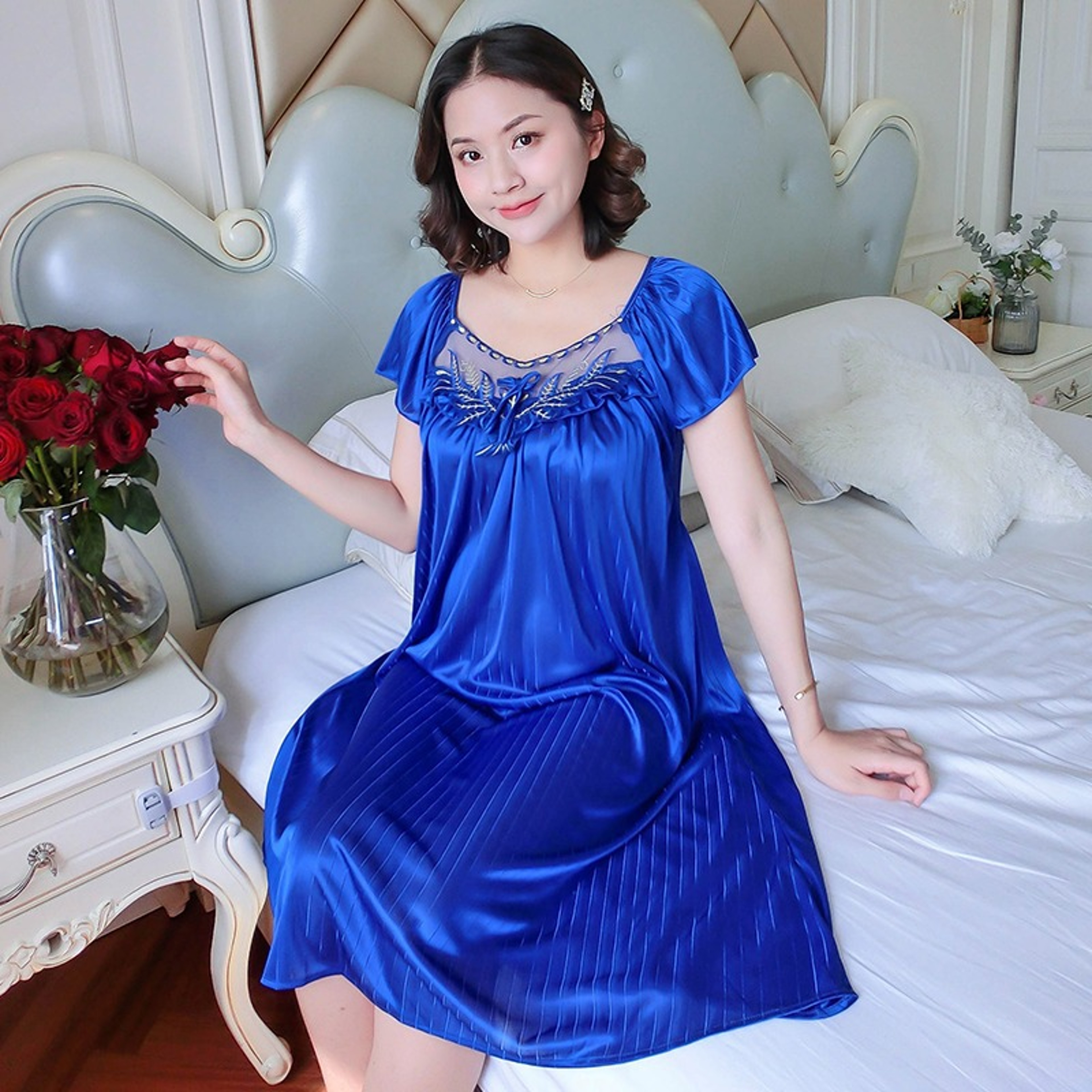 Silky Soft Ice Silk Nightgown For Women Short Sleeve Sleep Dress 11