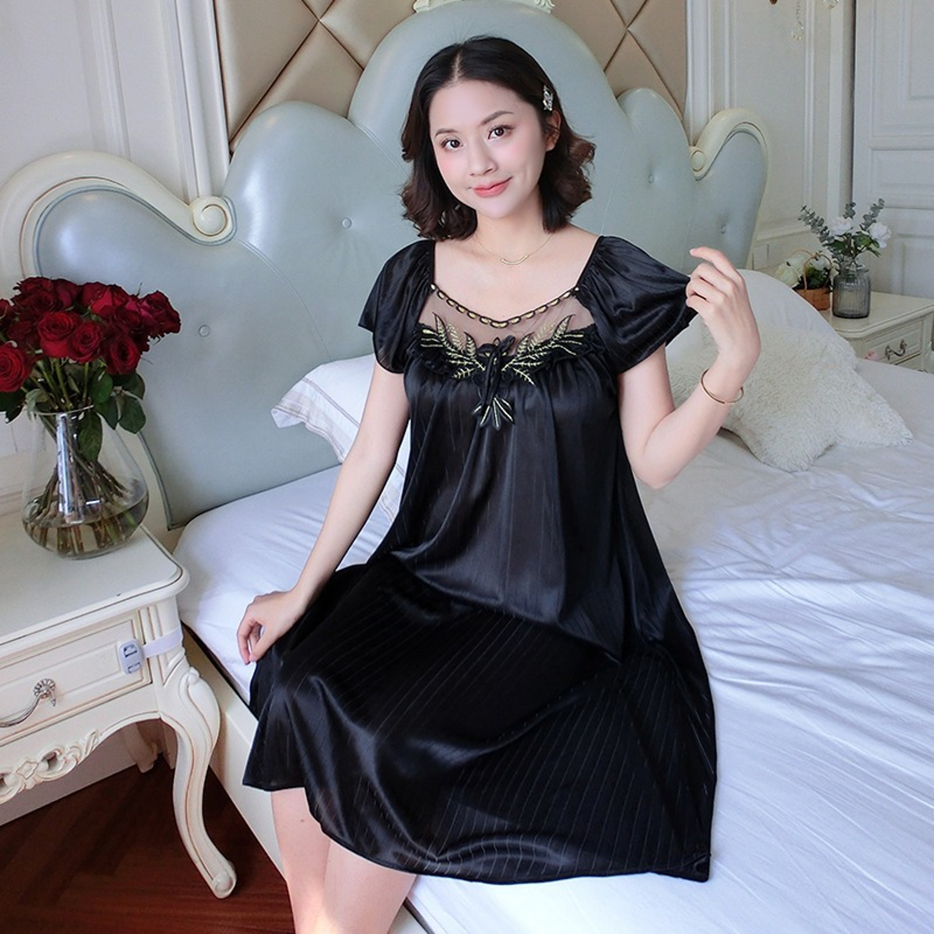 Silky Soft Ice Silk Nightgown For Women Short Sleeve Sleep Dress 13