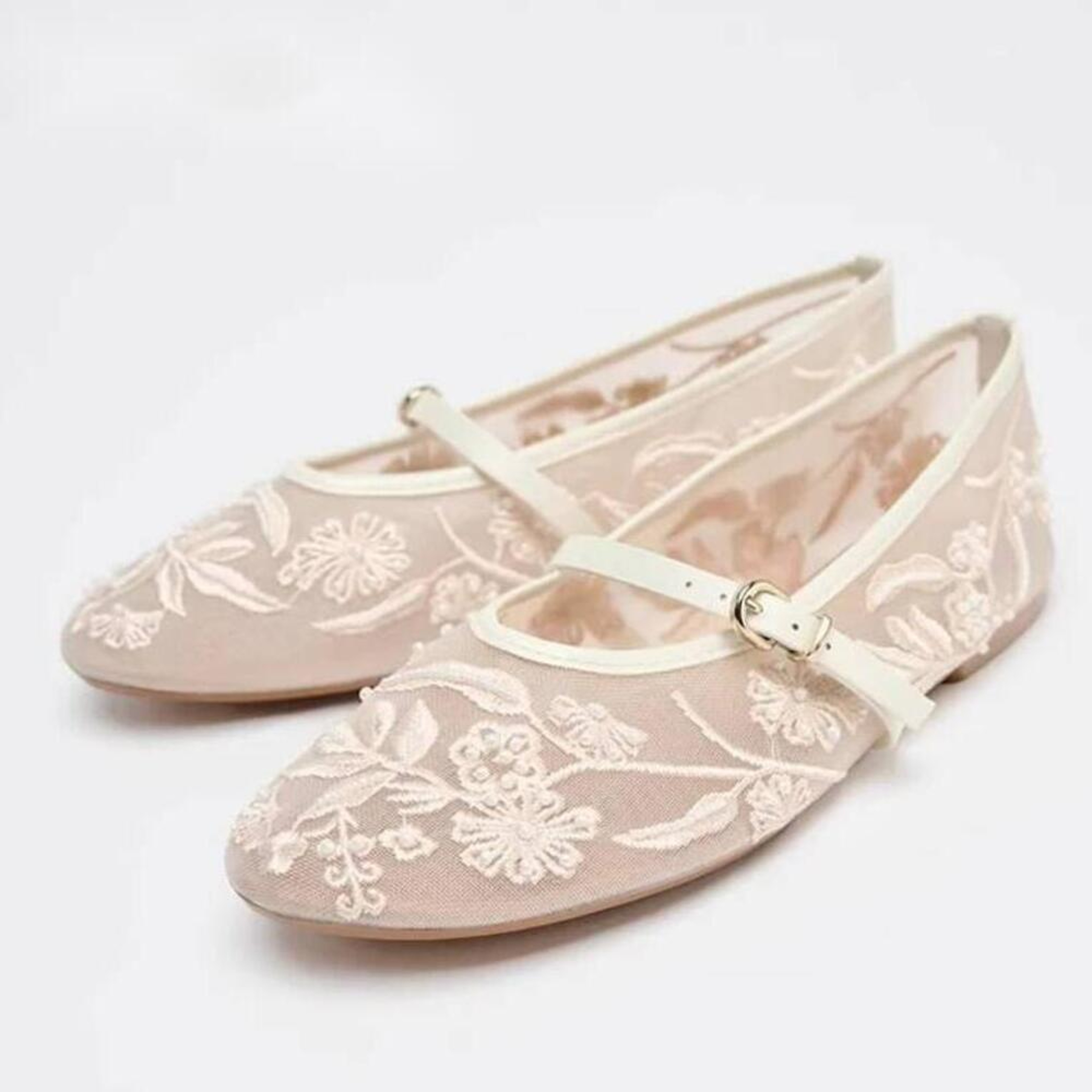 Floral Pearl Mesh Mary Jane Flats 0