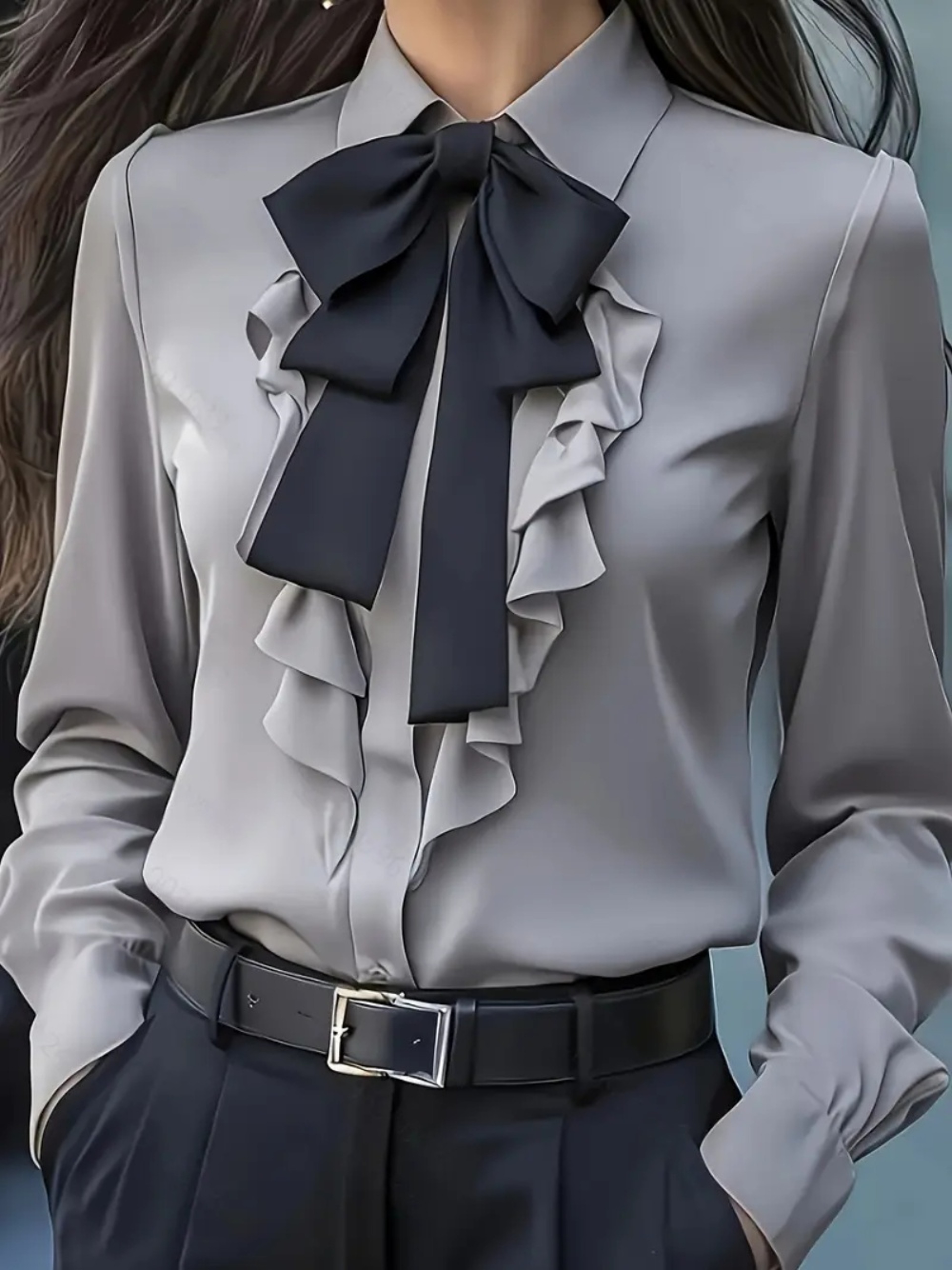 Womens Bow Tie Blouse with Ruffle Trim and Long Sleeve – view 5