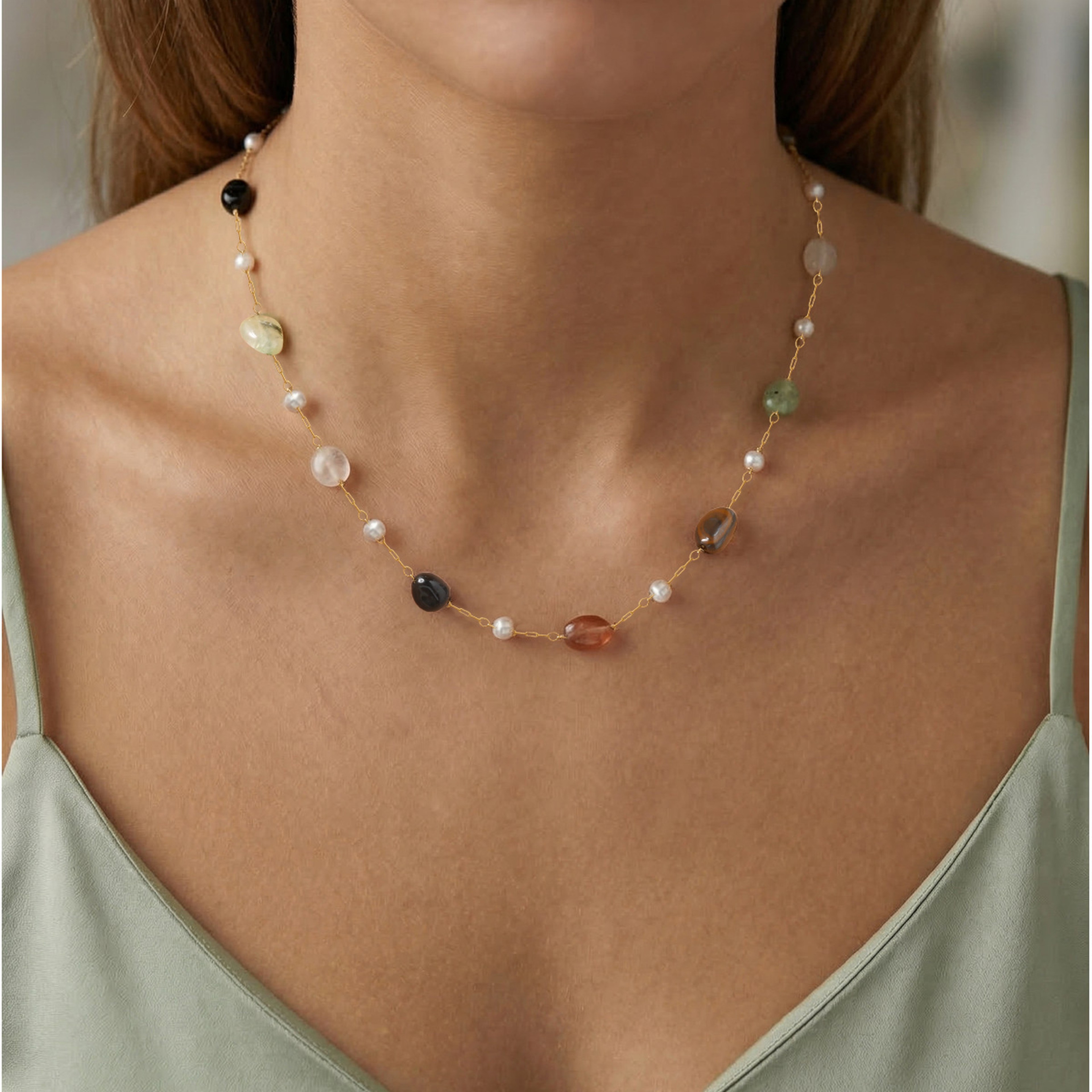 Vnox Minimalist Pearl Necklace and Natural Stone Clavicle Chain – view 5