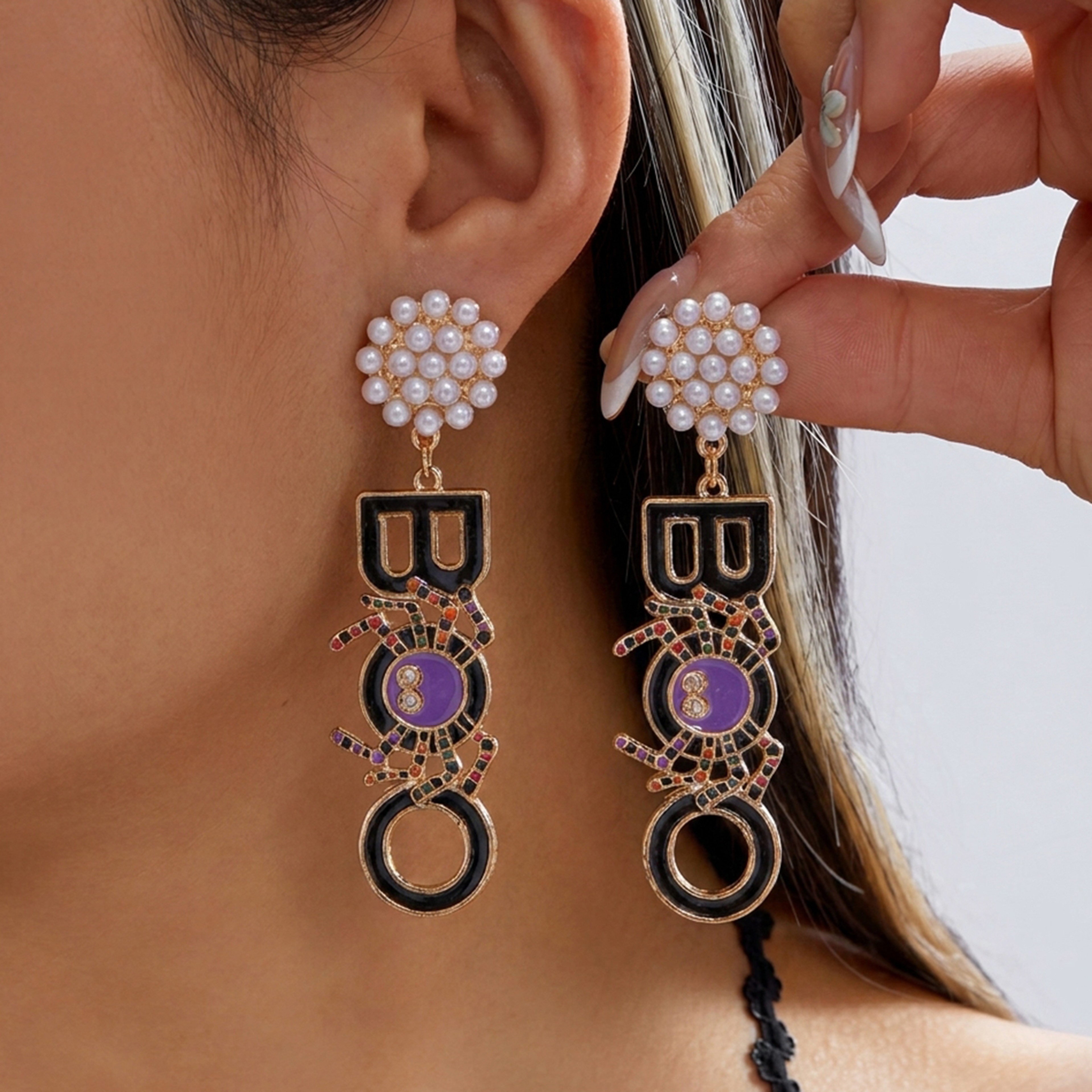 Sparkling BOO Letter Spider Dangle Earrings – view 1