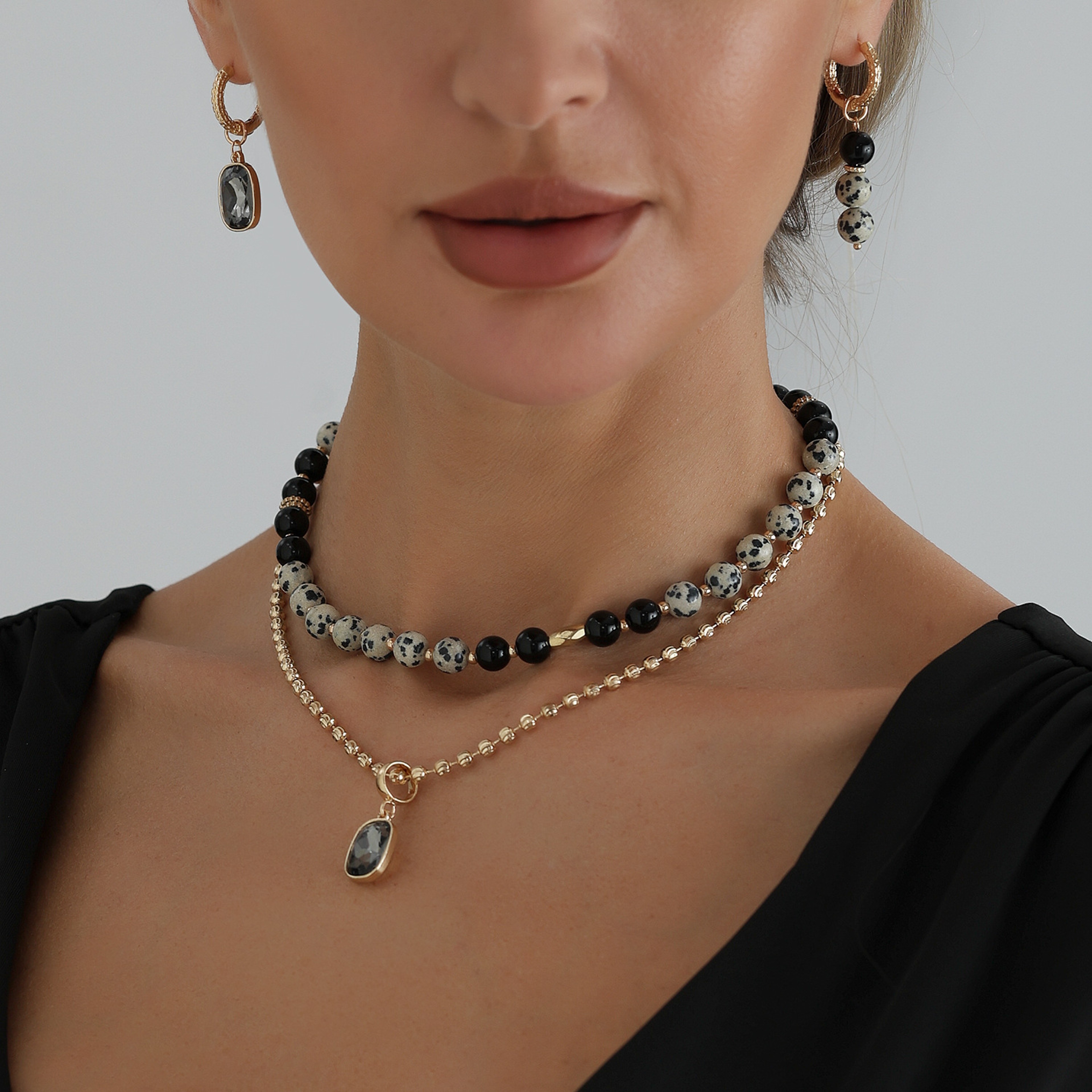 Vintage Black Bead Double Layer Necklace 0