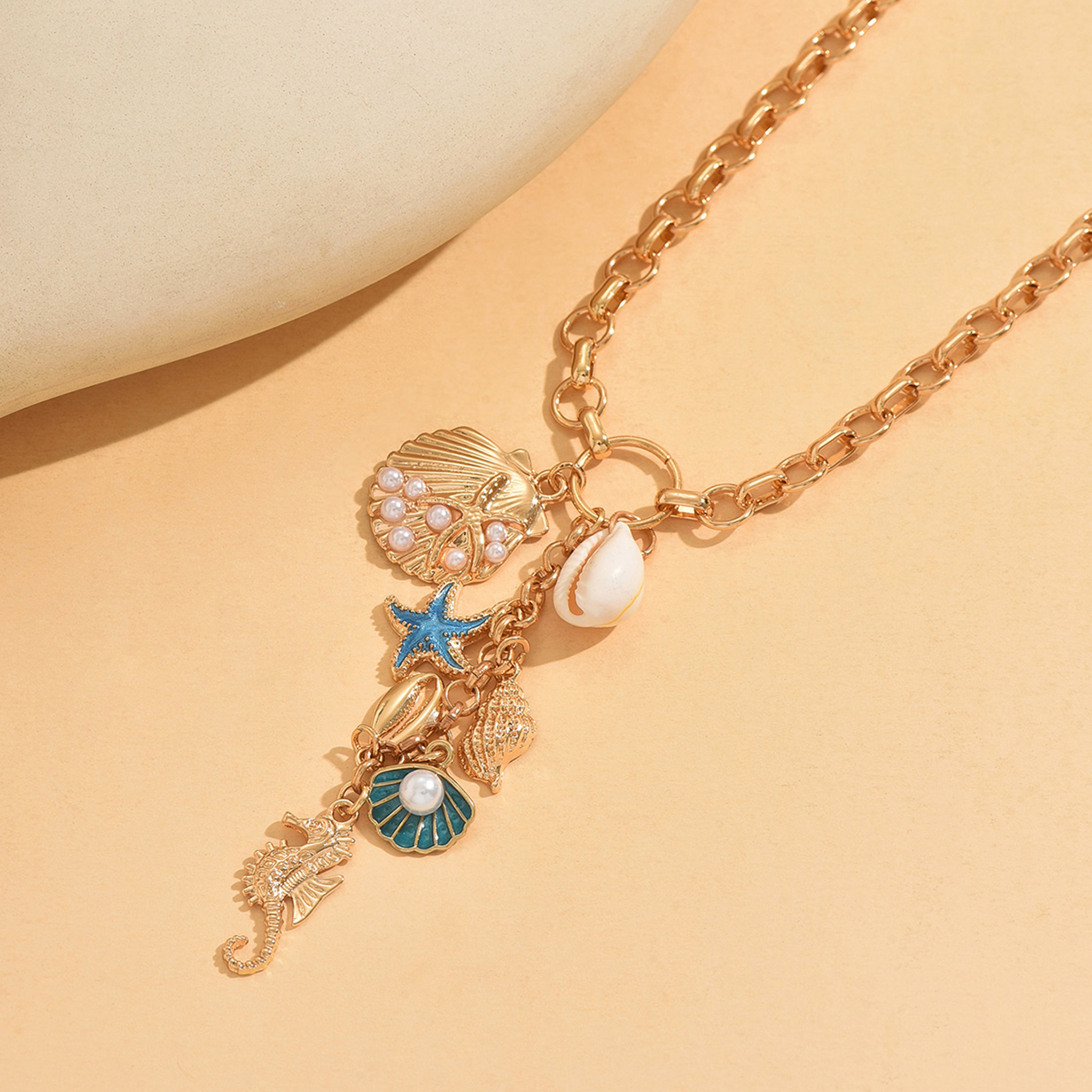 Chunky Gold Chain Necklace with Beach Charms and Pearl – view 6