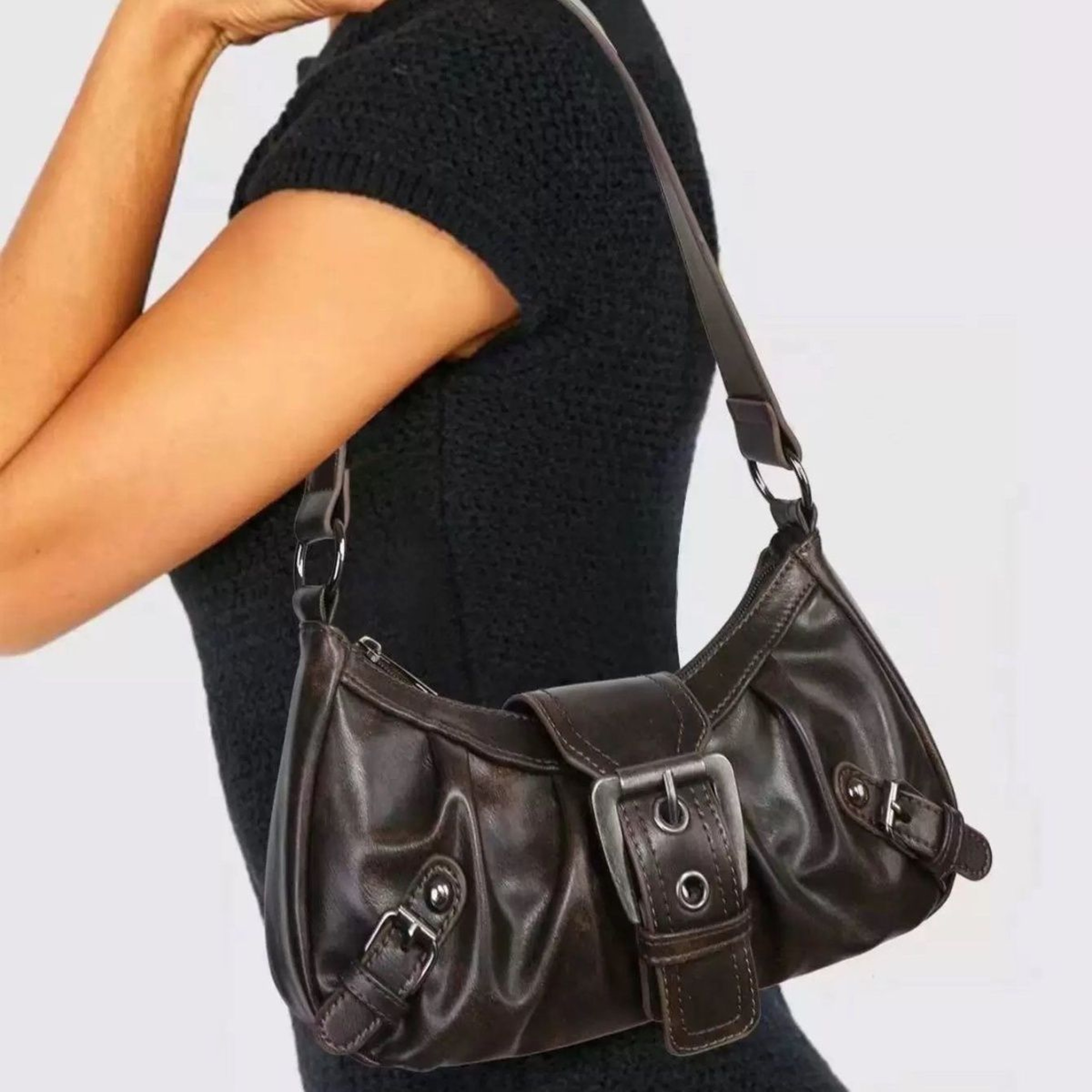 Vintage Leather Shoulder Bag Y2K Retro Armpit Purse – view 1