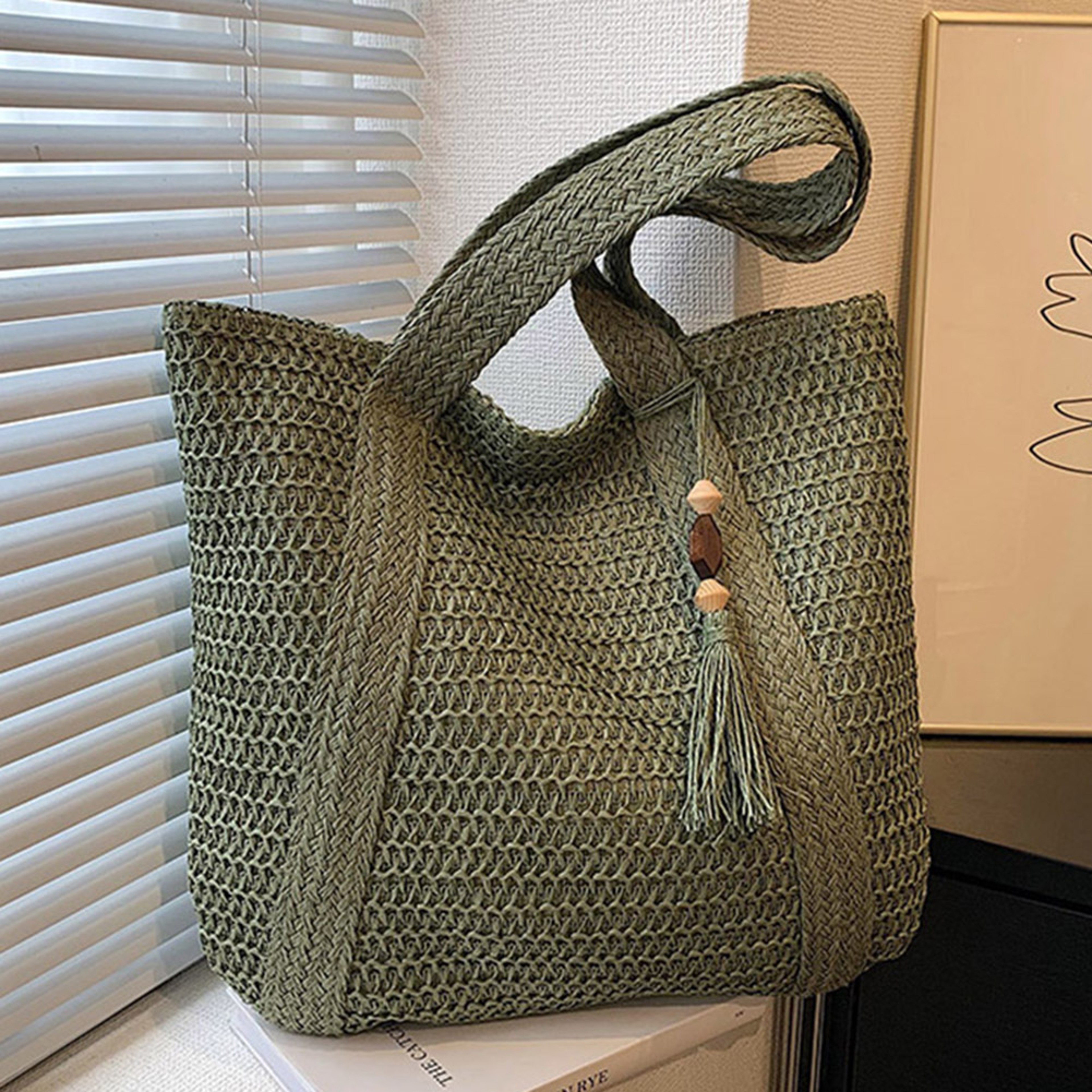 Summer Woven Tote Bag with Tassel and Large Capacity – view 1