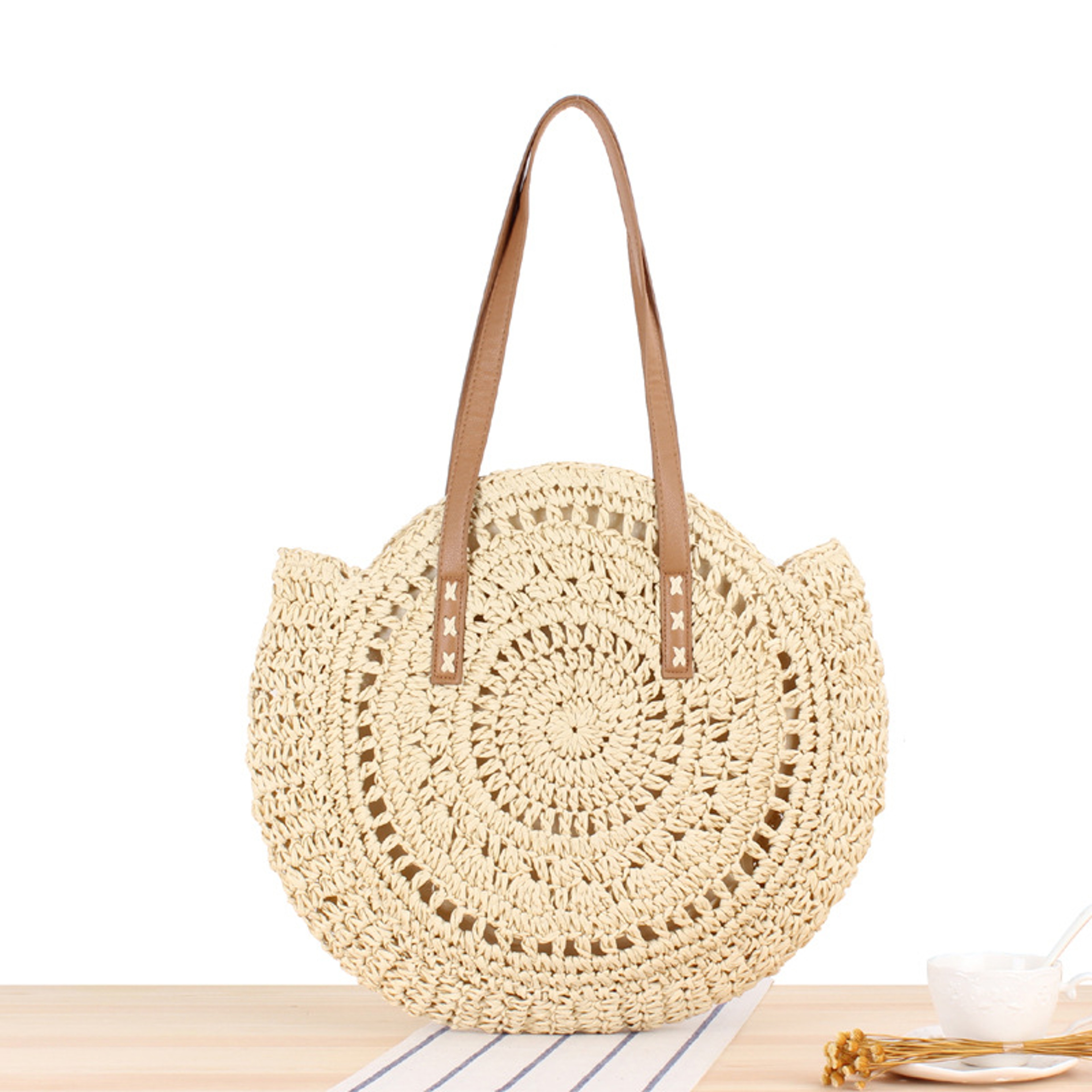 Handmade round straw beach bag and vintage woven shoulder purse for summer vacation – view 7