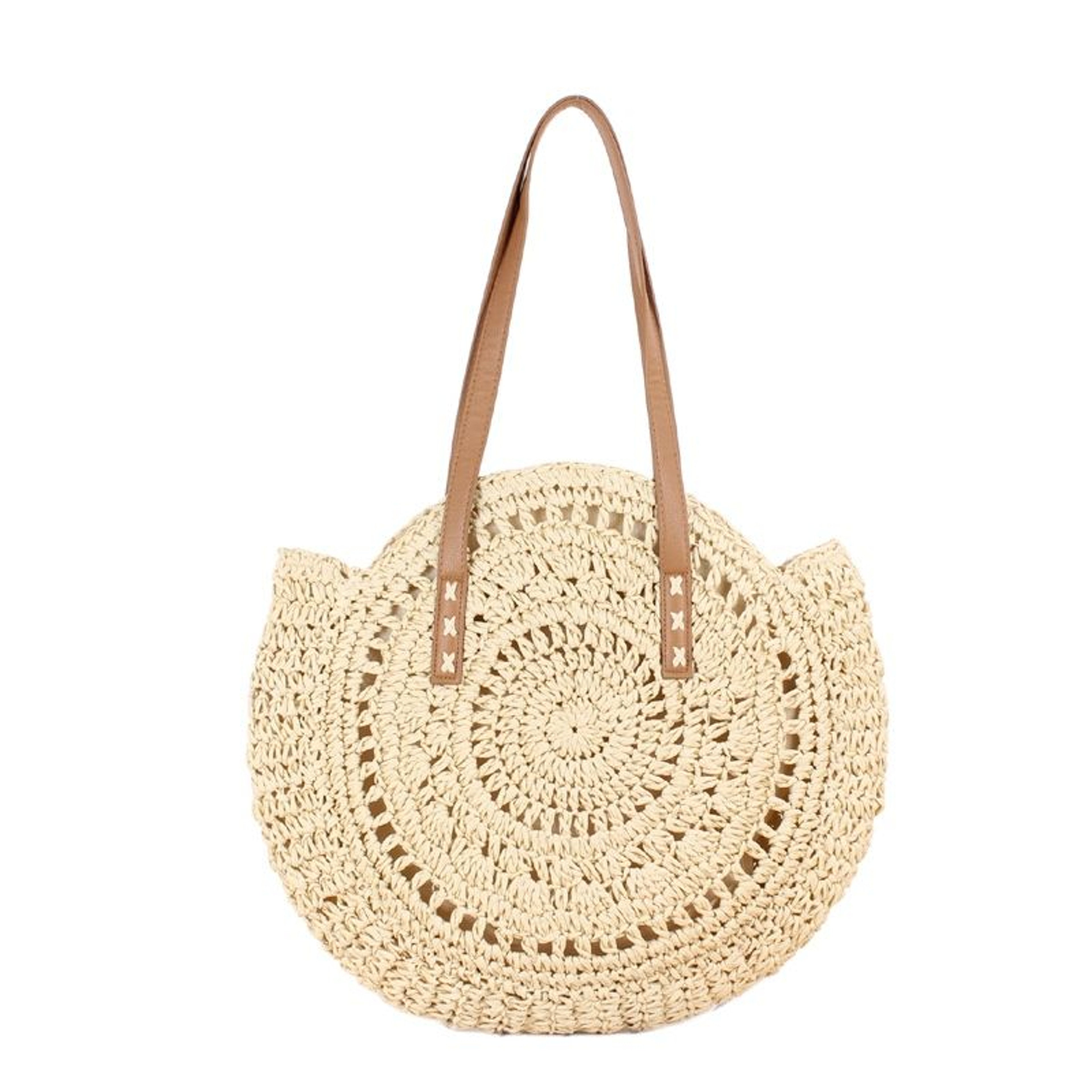 Handmade round straw beach bag and vintage woven shoulder purse for summer vacation – view 6