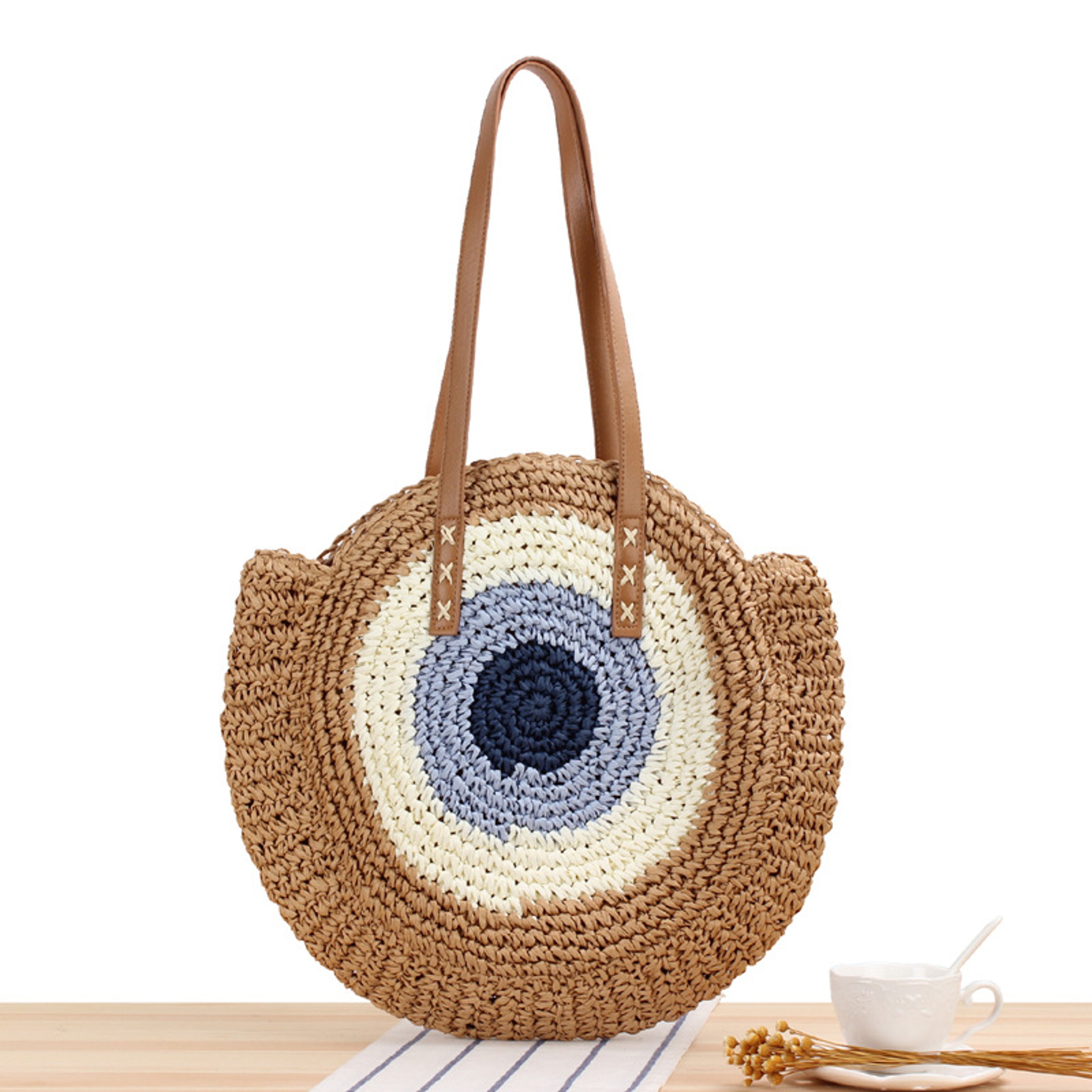 Handmade round straw beach bag and vintage woven shoulder purse for summer vacation – view 10