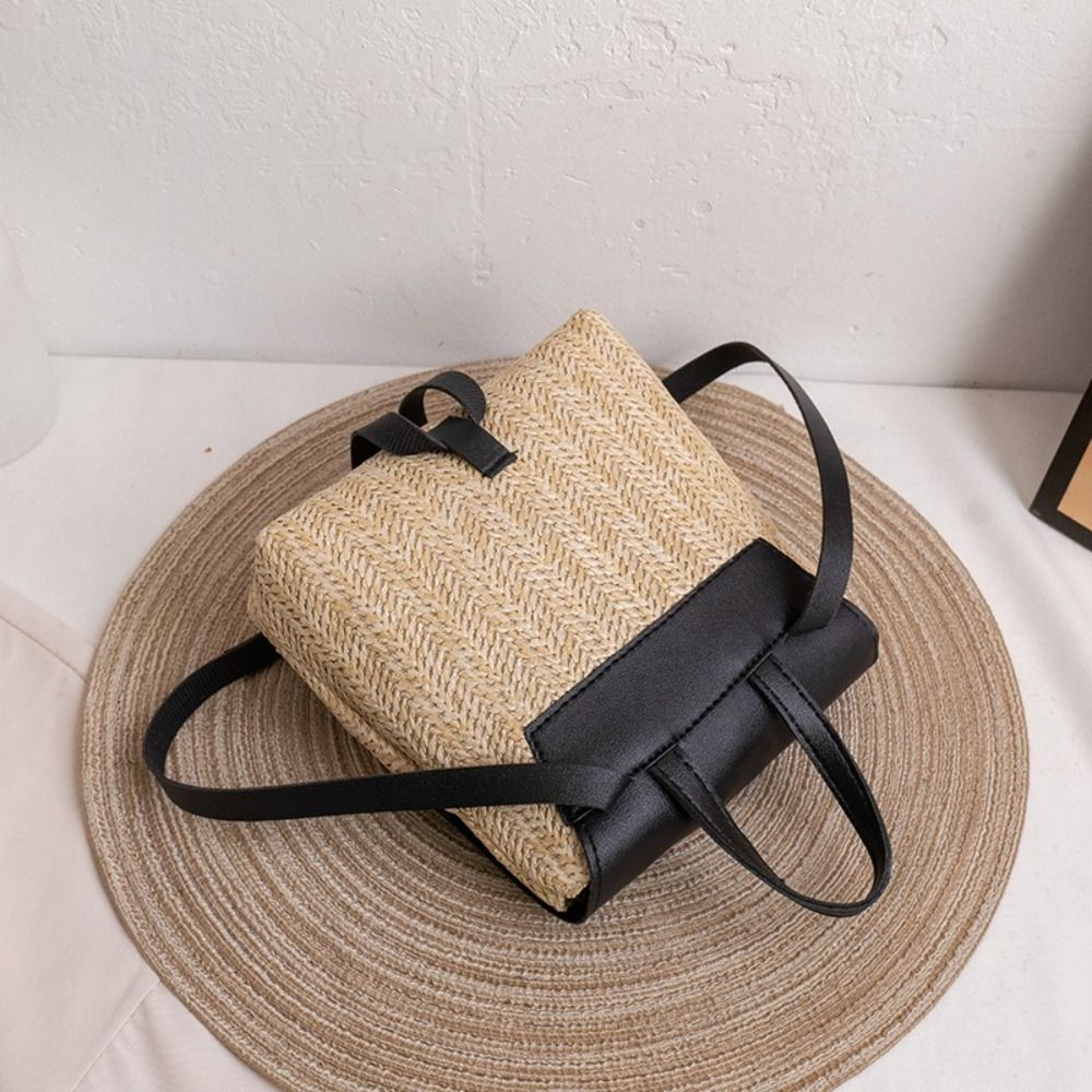 Vintage Woven PU Leather Straw Backpack – view 1
