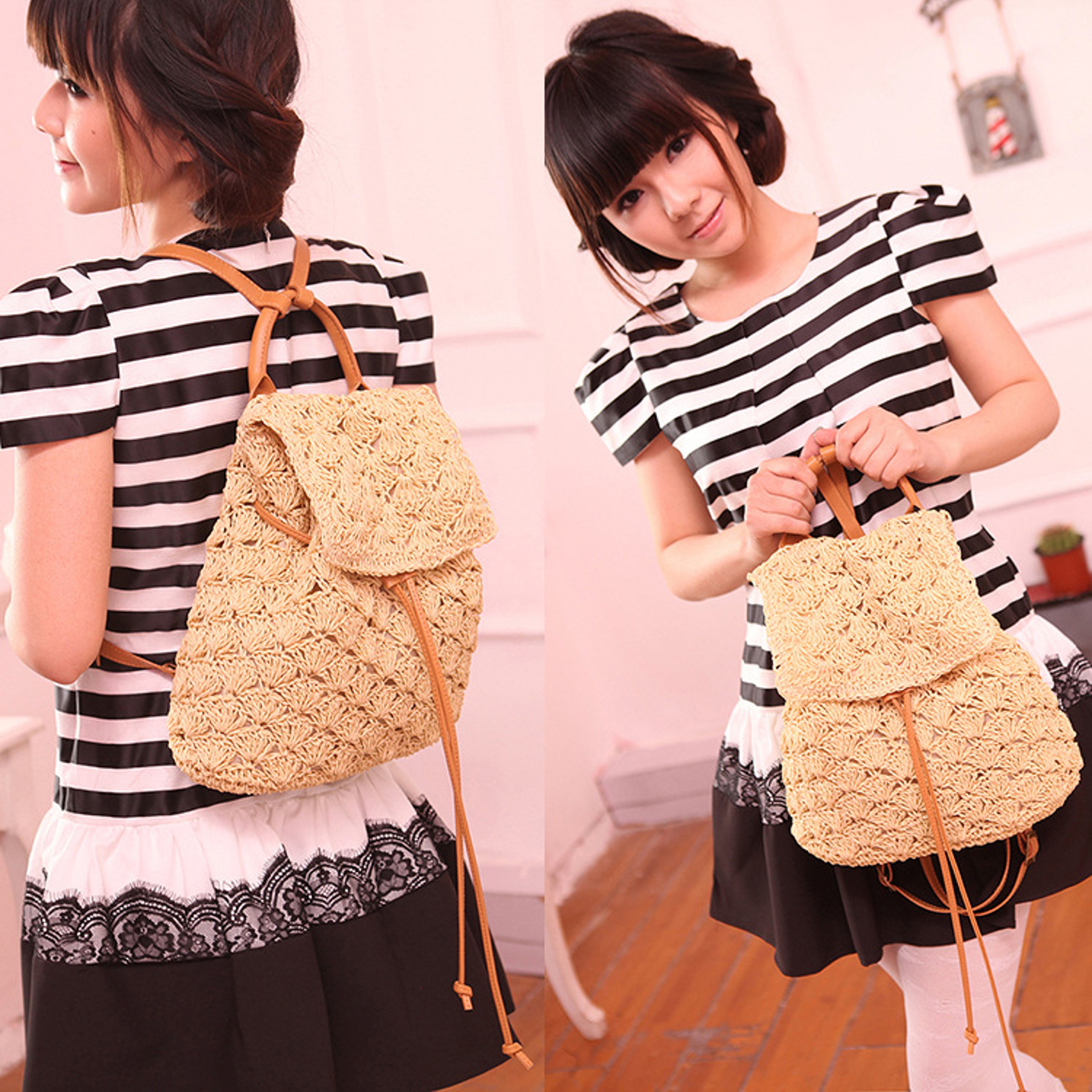 Handmade Woven Straw Backpack and Summer Beach Bag – view 4