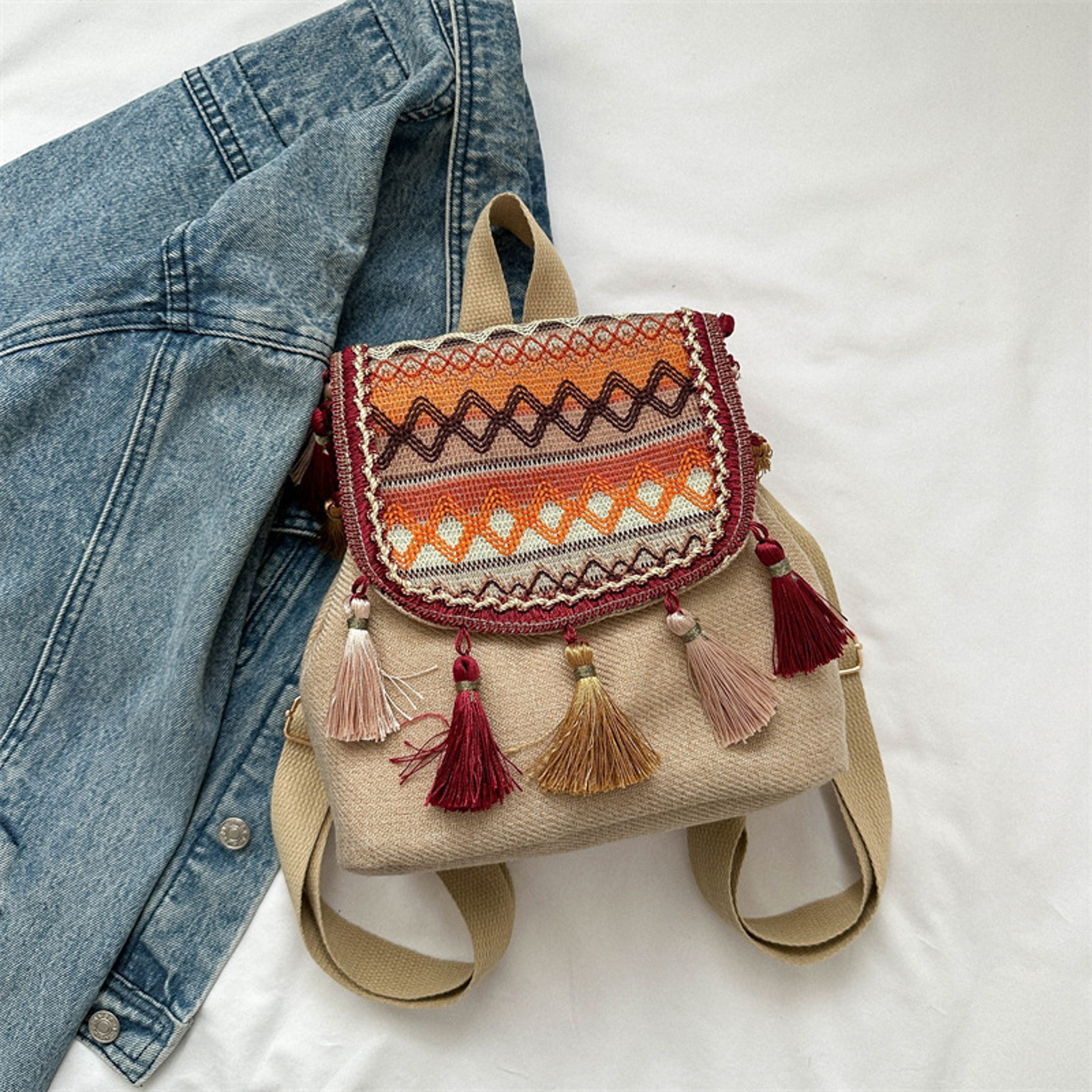 Woven Straw Backpack Boho Beach Travel Bag with Tassels – view 7