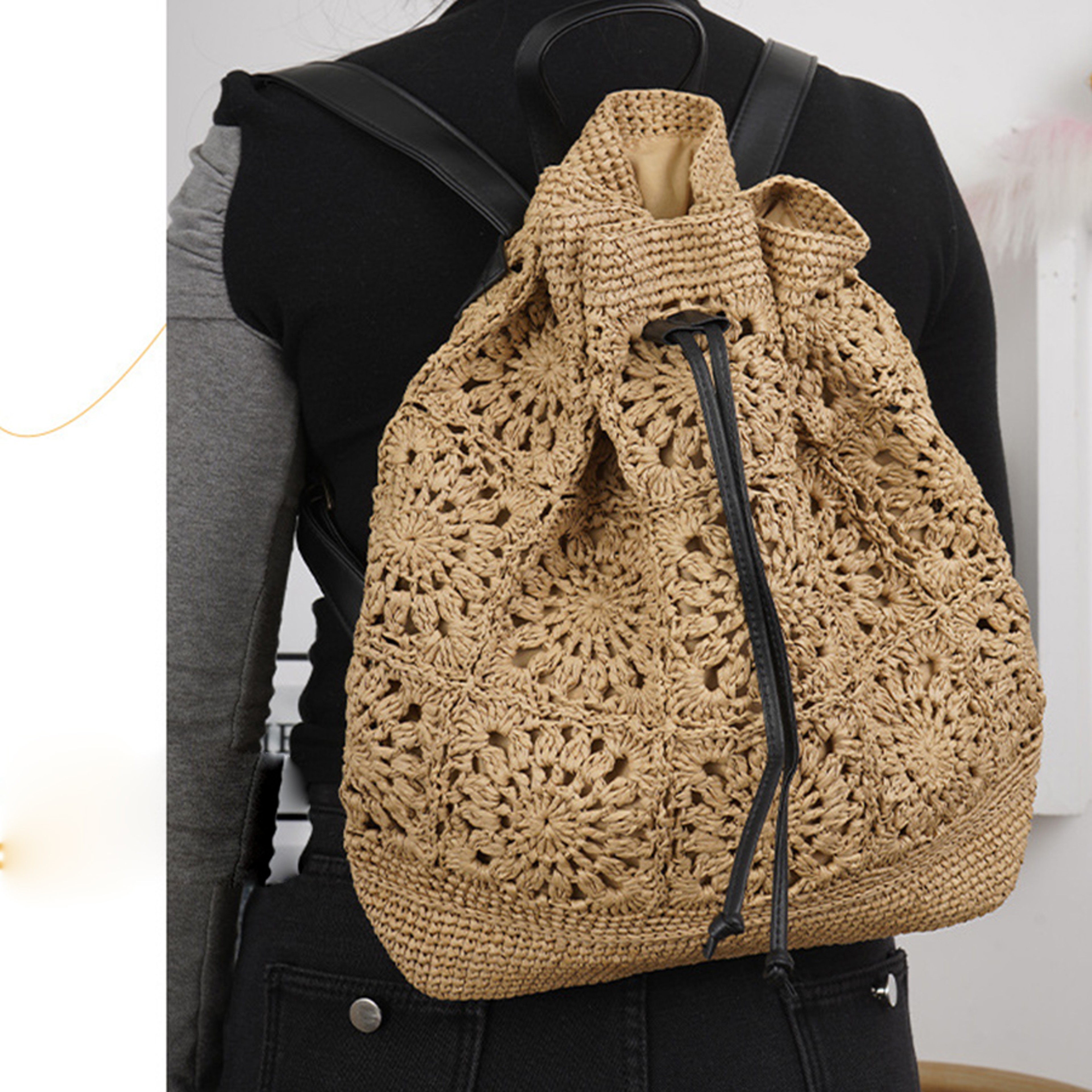 Handmade Boho Straw Drawstring Backpack and Bali Beach Travel Bag – view 6