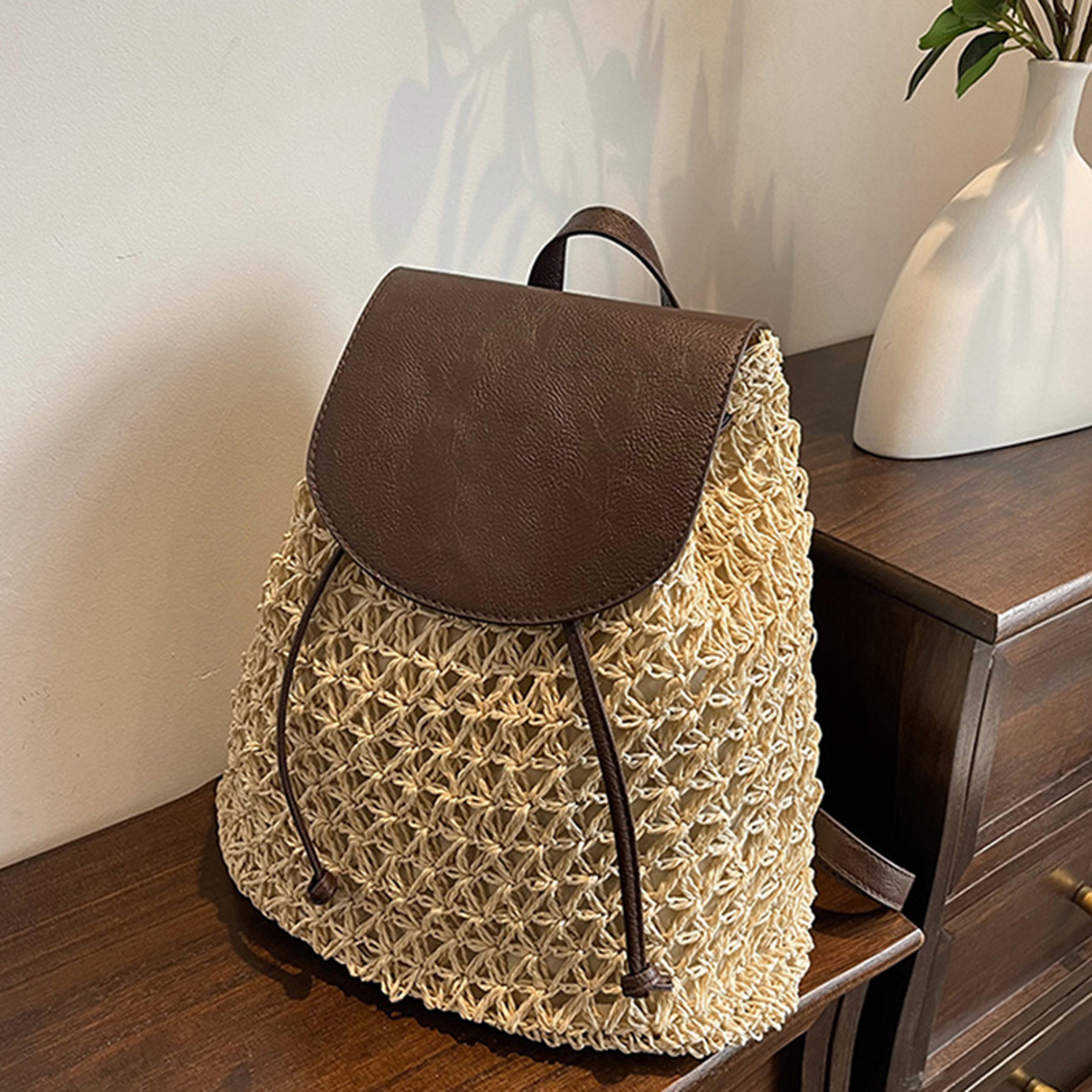 Boho Crochet Straw Backpack – view 1