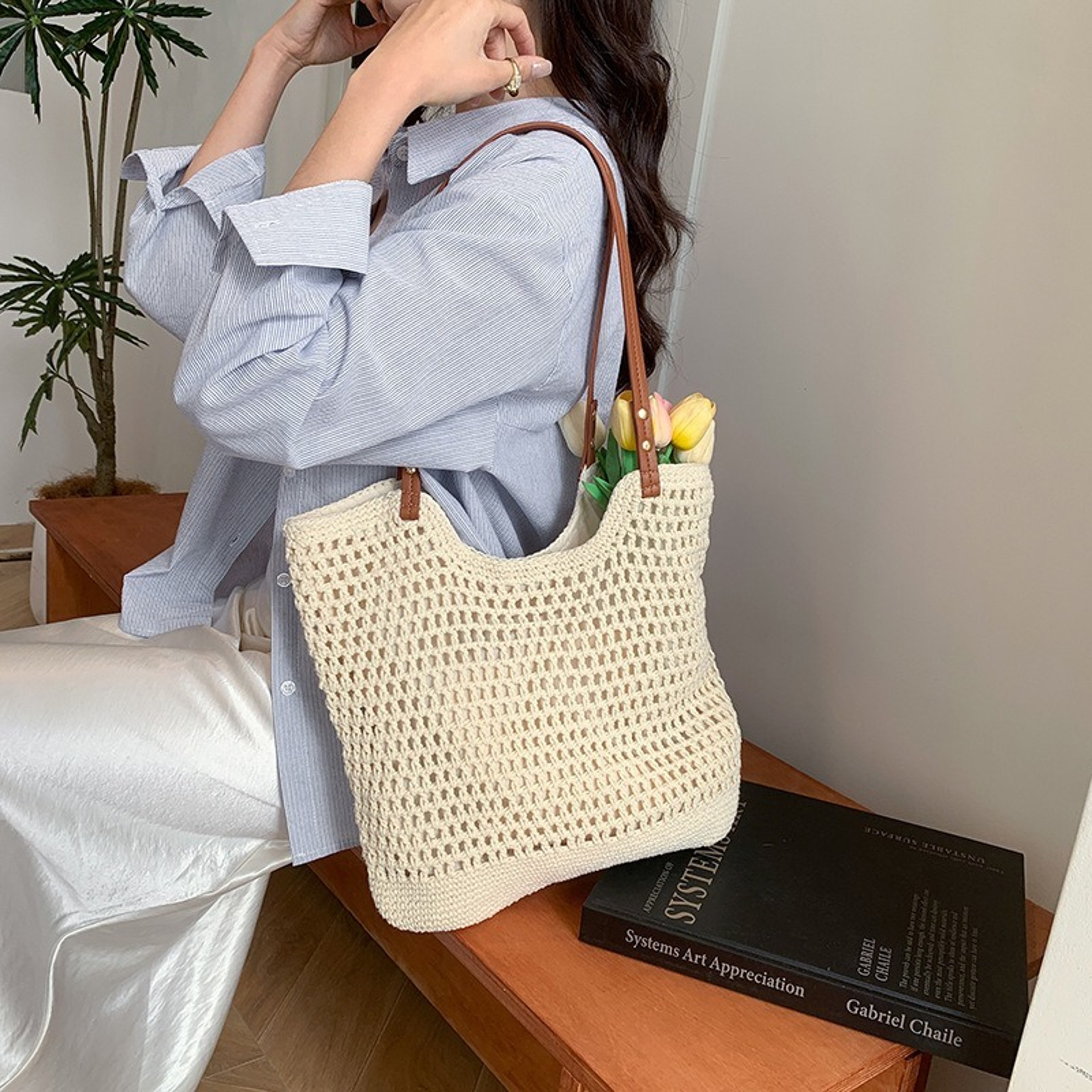 Extra Large Woven Tote Bag and Hollow Mesh Beach Bag – view 4