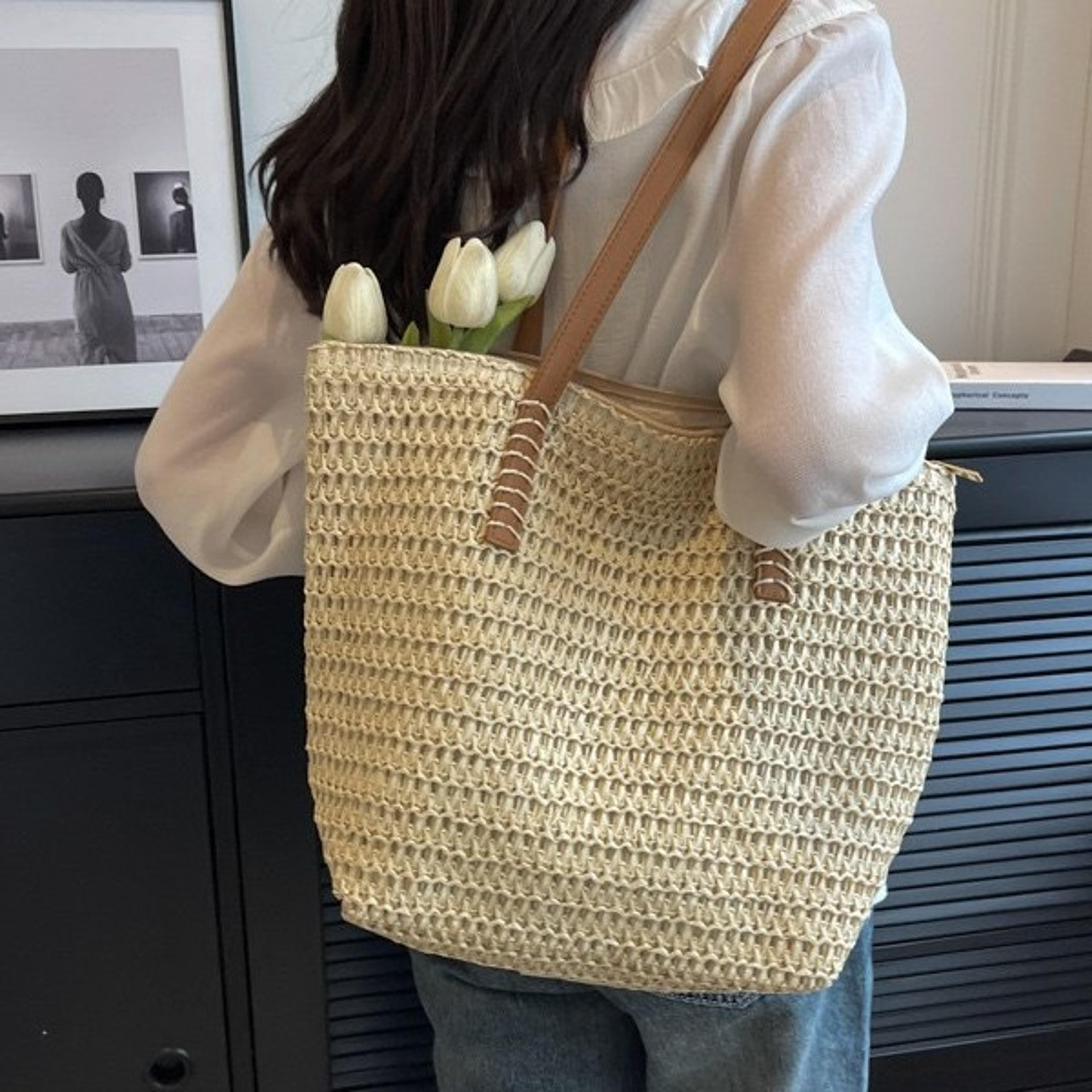 Chic straw beach bag for summer vacations and woven tote bag styles – view 6