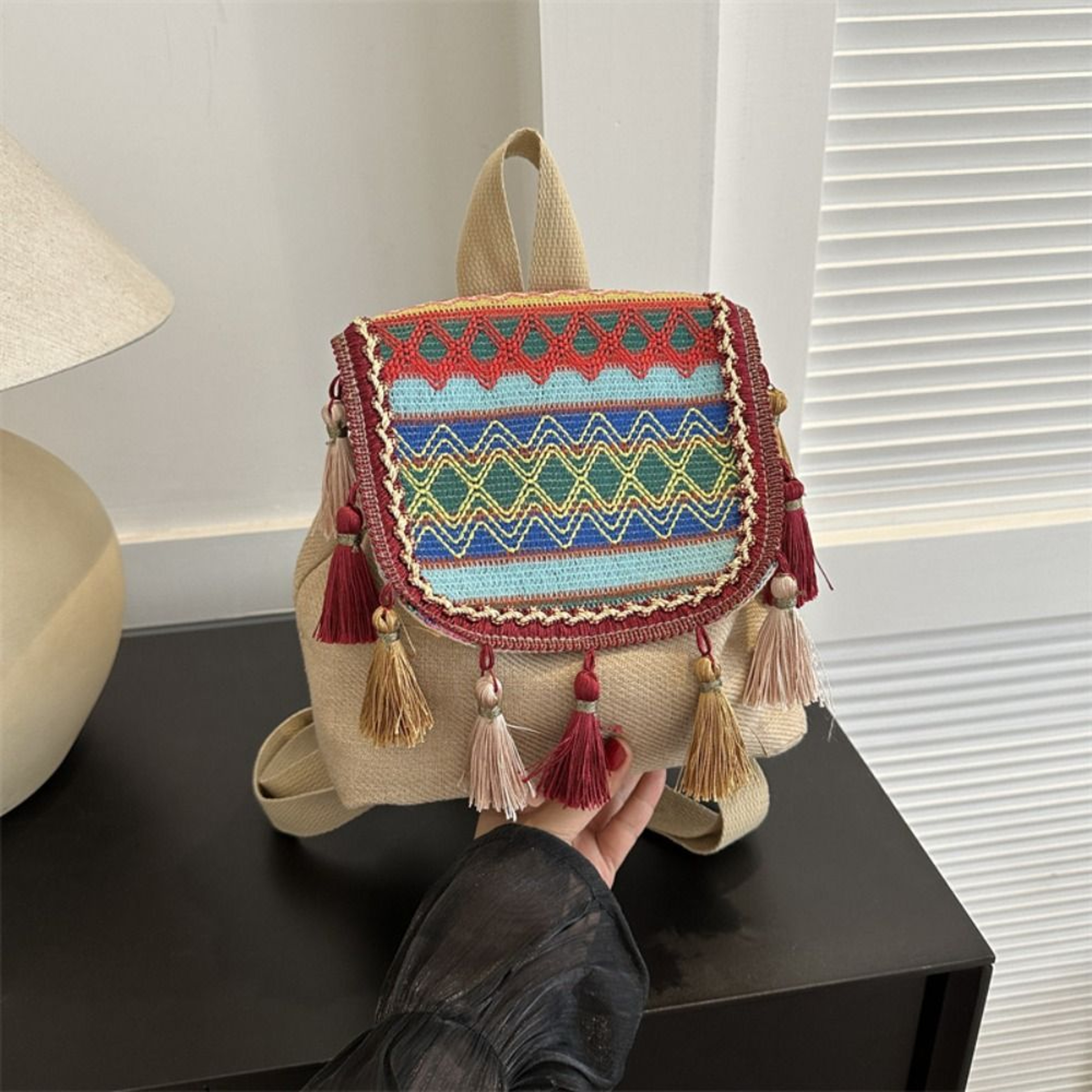 Ethnic Embroidered Canvas Backpack and Boho Tassel Shoulder Bag – view 7