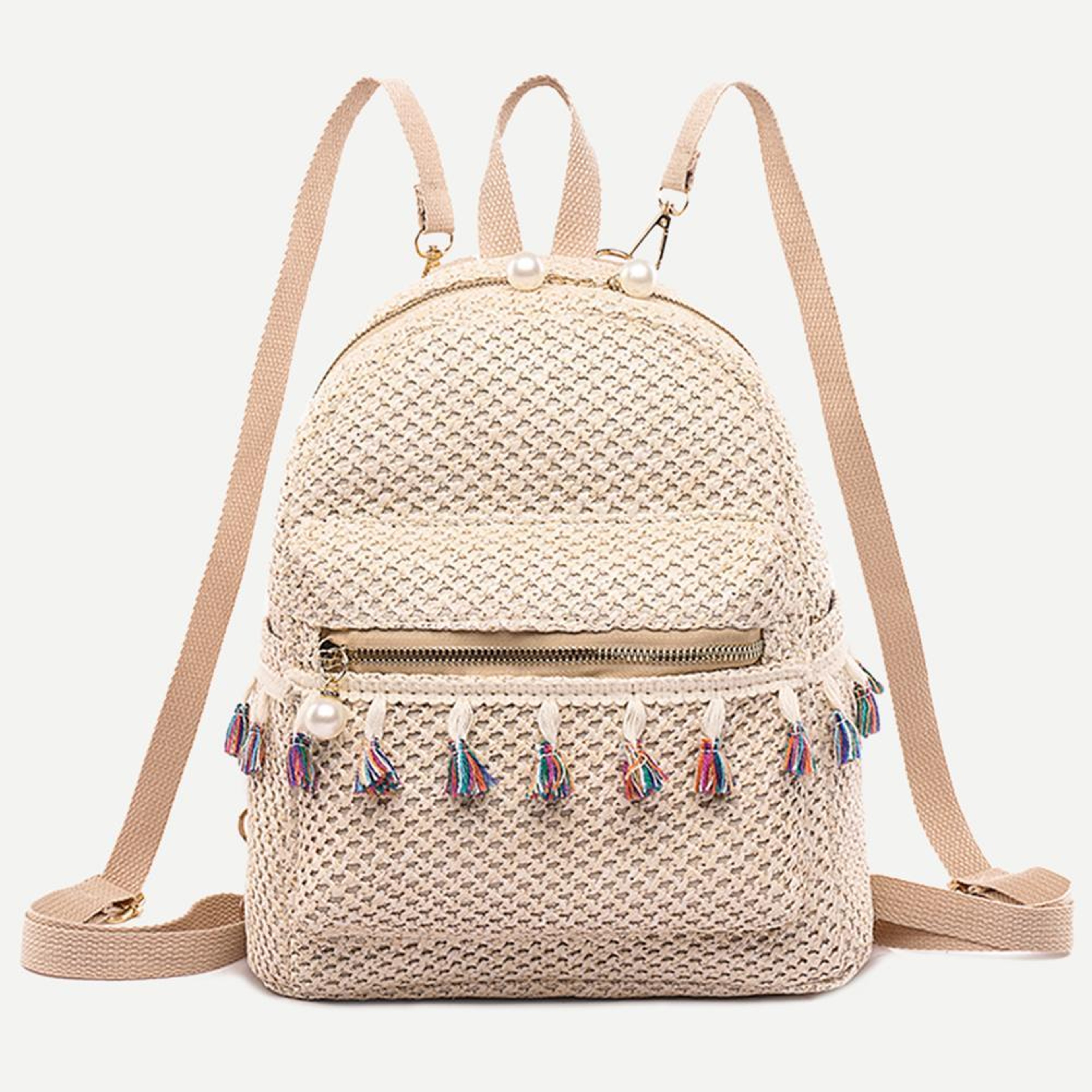 Bohemian Woven Backpack Straw School Bag Large Capacity – view 1