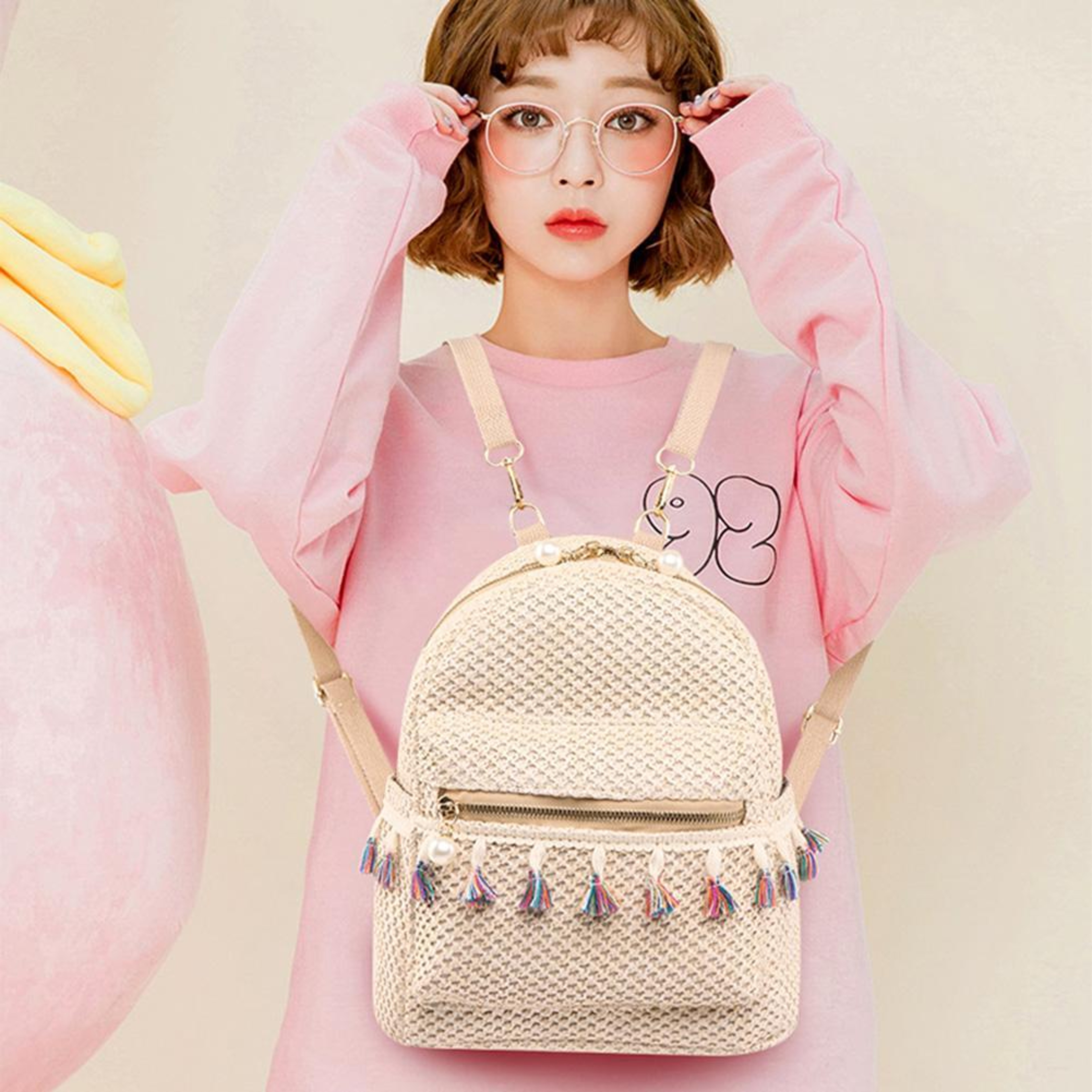 Bohemian Woven Backpack Straw School Bag Large Capacity – view 2