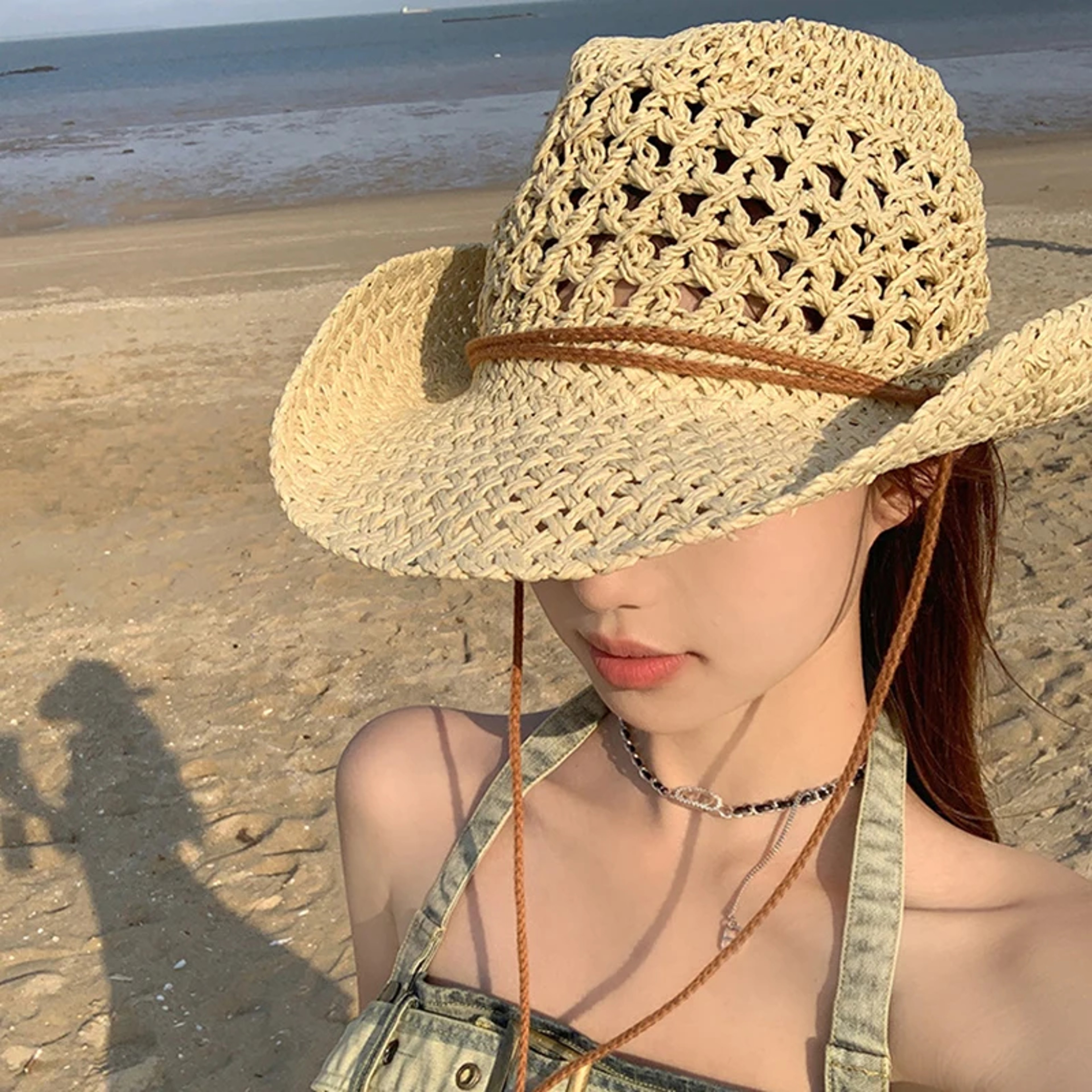 Western cowboy straw hat for women, breathable summer sun hat with ethnic style – view 3